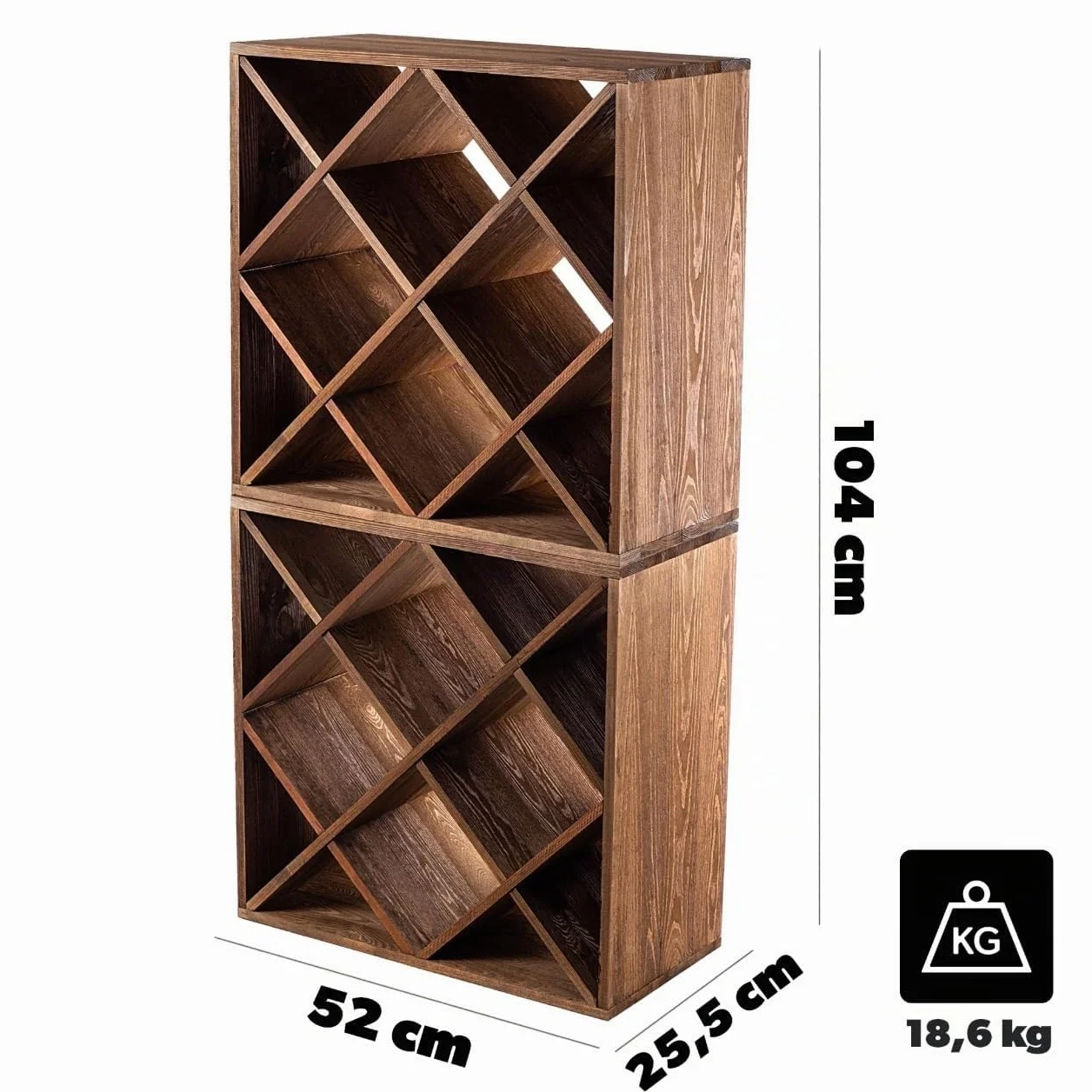 KADAX Botellero de madera, 52 x 25,5 x 104 cm, estante grande para muchas botellas de vino, estante apilable, estante para botellas, armario de vino rústico, estable, ahorra espacio, fabricado en la