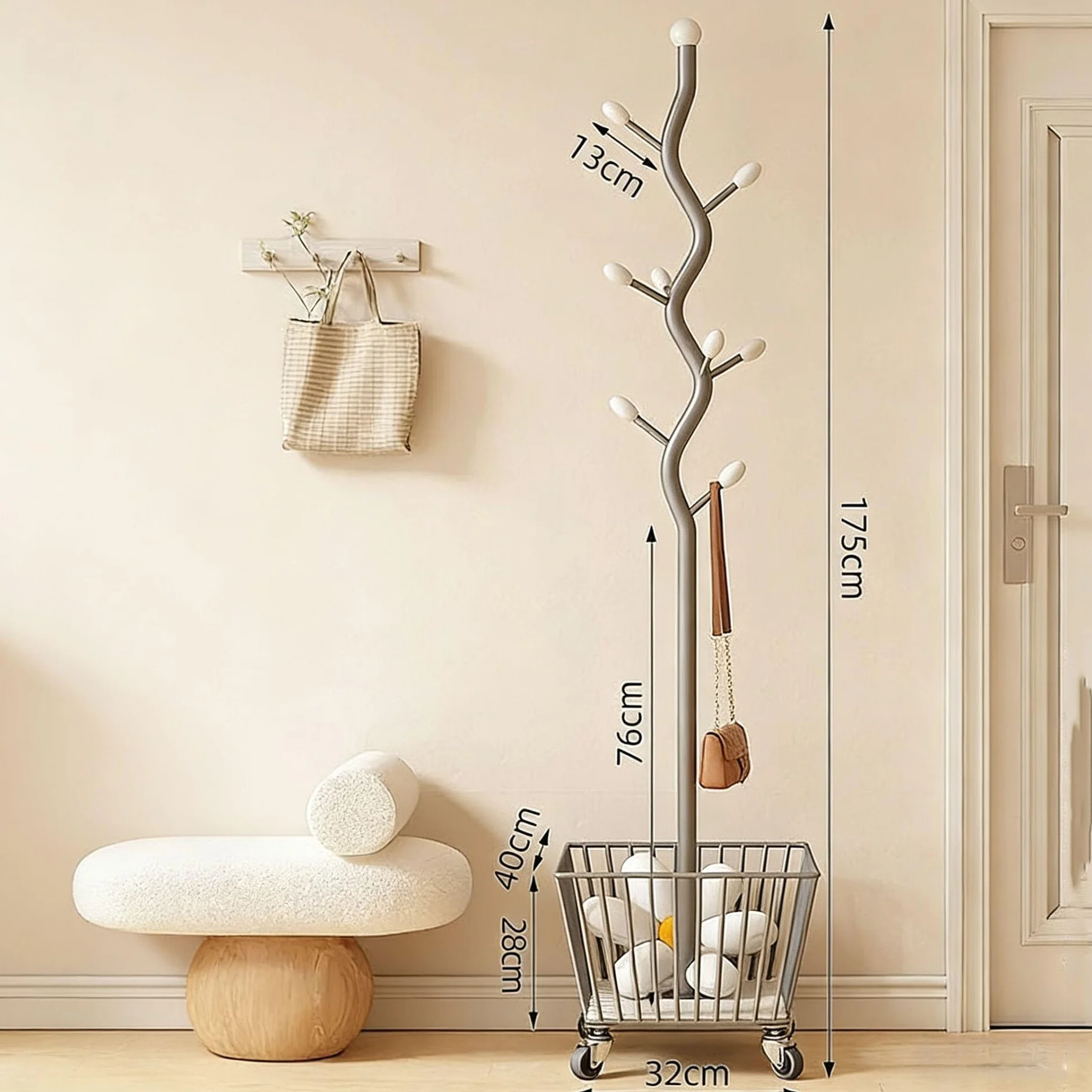 Perchero en forma de árbol con cesta de almacenamiento, colgador independiente, 9 ganchos y ruedas con cerradura para entrada, dormitorio
