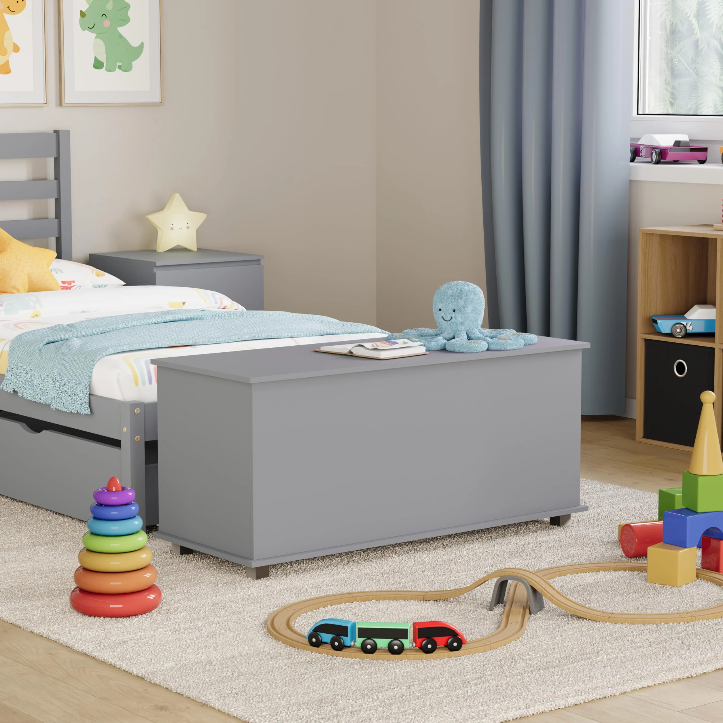 Vida Designs Leon - Caja de juguetes de madera para niños con tapa, fundas y mantas, contenedor ordenado para niños (gris)