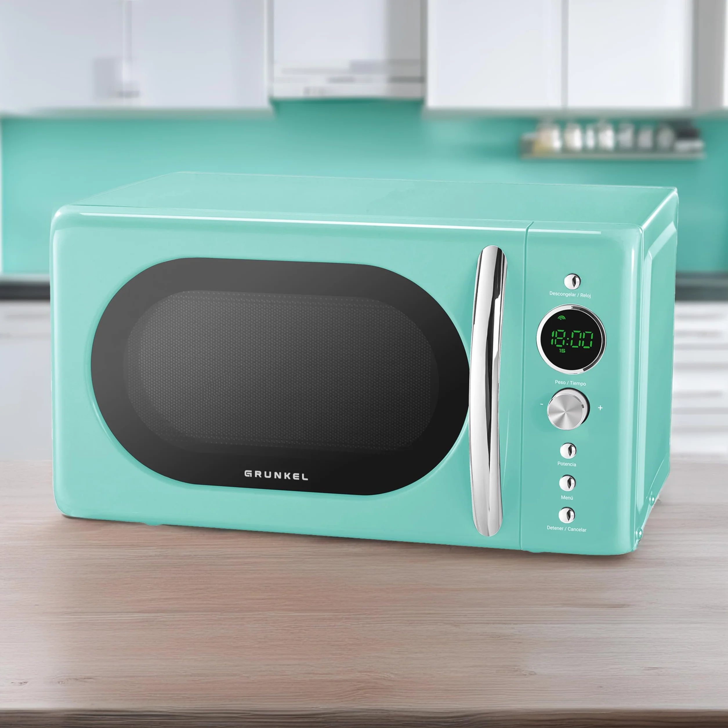 Grunkel Microondas Digital 20L 700W Vintage 6 Niveles Potencia Cocción Rápida Temporizador 60 min (Azul Agua)