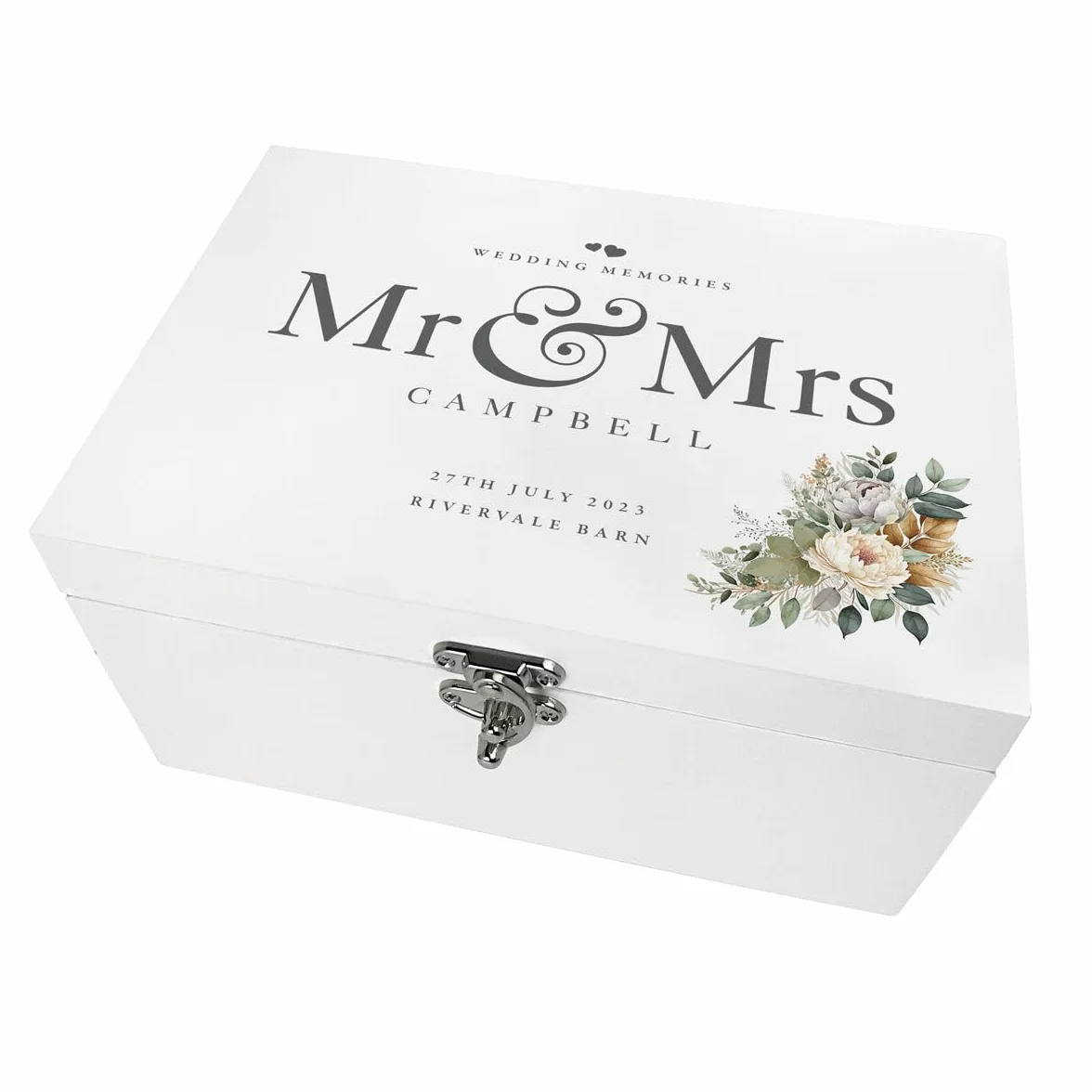 Caja de recuerdos de boda personalizada de madera blanca con flores bohemias | Apellido, lugar y fecha | regalo de boda | 22 x 15 x 10 cm