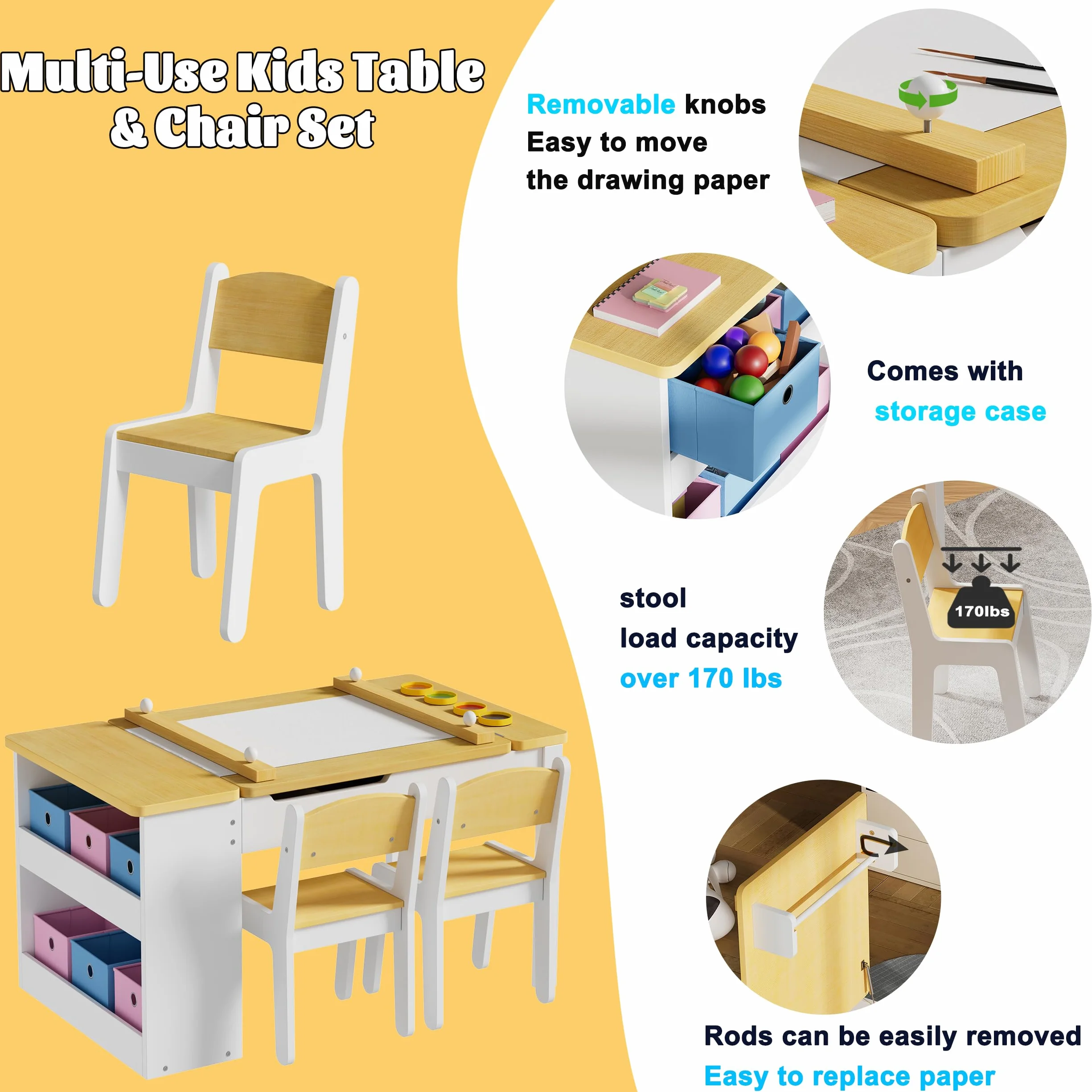 MSFE Mesa Infantil Madera con Sillas,Escritorio de Caballete de Madera para Niños Pequeños con 6 Cajas de Almacenamiento con 2 Sillas de Maderas, Mesa de Juego para Niños,104 * 60 * 53CM