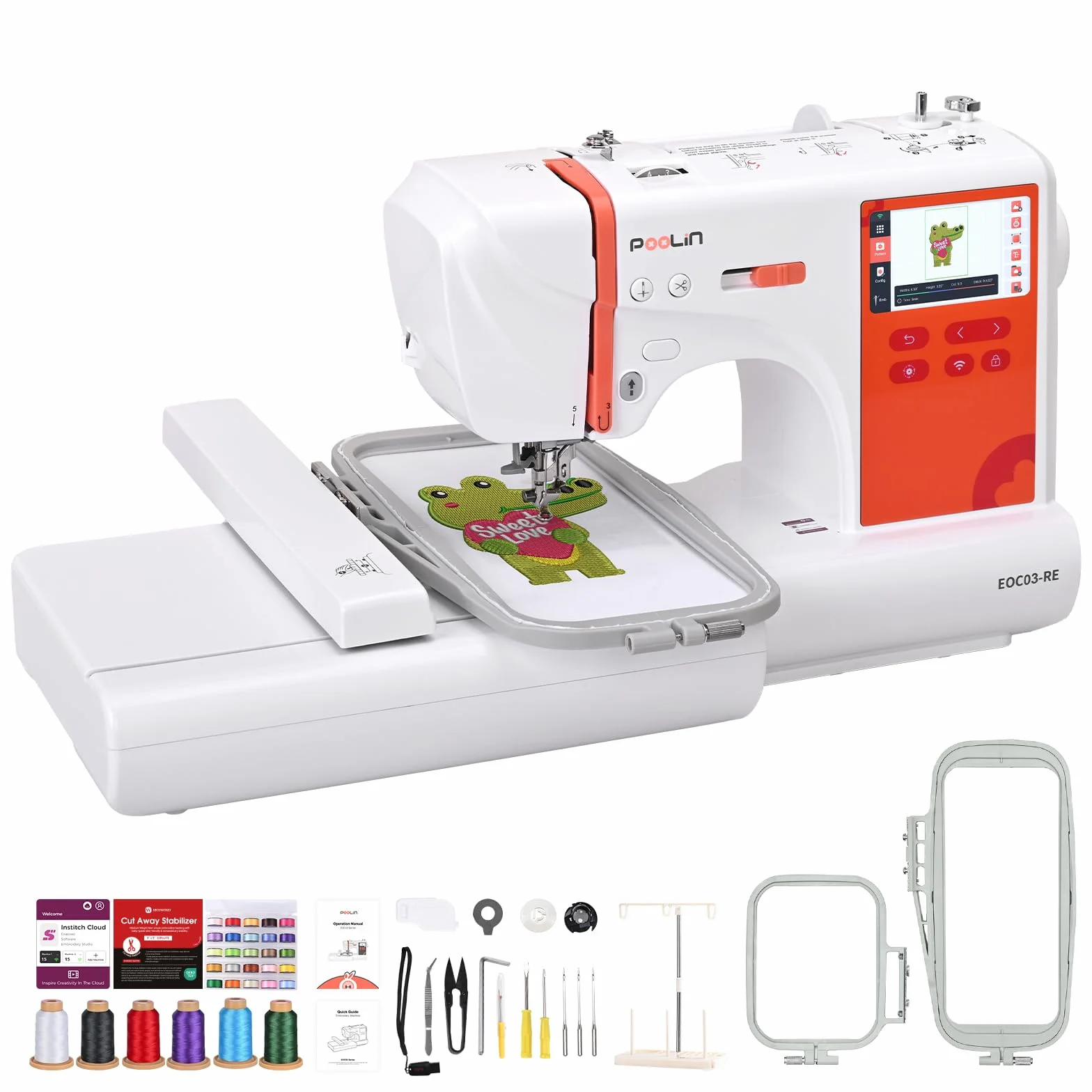PooLin EOC03 Máquina de bordado – Máquina de bordar electrónica – Pantalla táctil LCD de 4,3″, bastidores de 10×10 cm y 10×23,5 cm, importación de diseños por USB/Wi-Fi, ideal para principiantes y exp