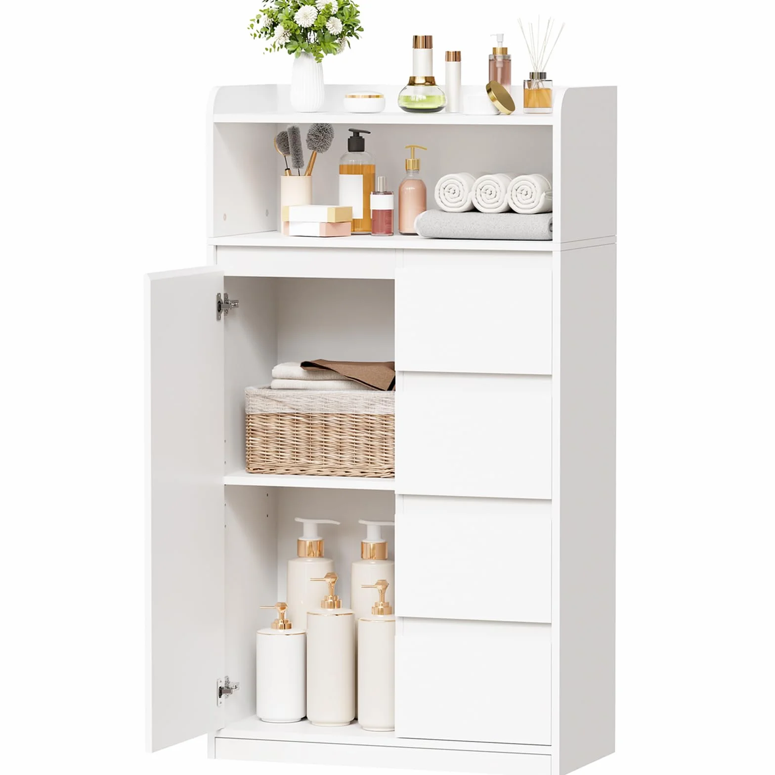 ANWBROAD Armario de Baño con 4 Cajones, 1 Puerta de Armario y Estantes Ajustables, Armario de Almacenamiento para Baño, Salón, Cocina, Blanco, 110 x 60 x 30 cm, SBC014W