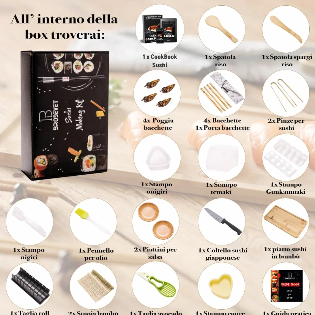 Kit Sushi 2025 – 29 Piezas con Guía Práctica, Recetario, Palillos Japoneses, Esterilla Sushi, Molde Onigiri, Arroz Sushi, Alga Nori para Sushi – Set Profesional DIY para Principiantes