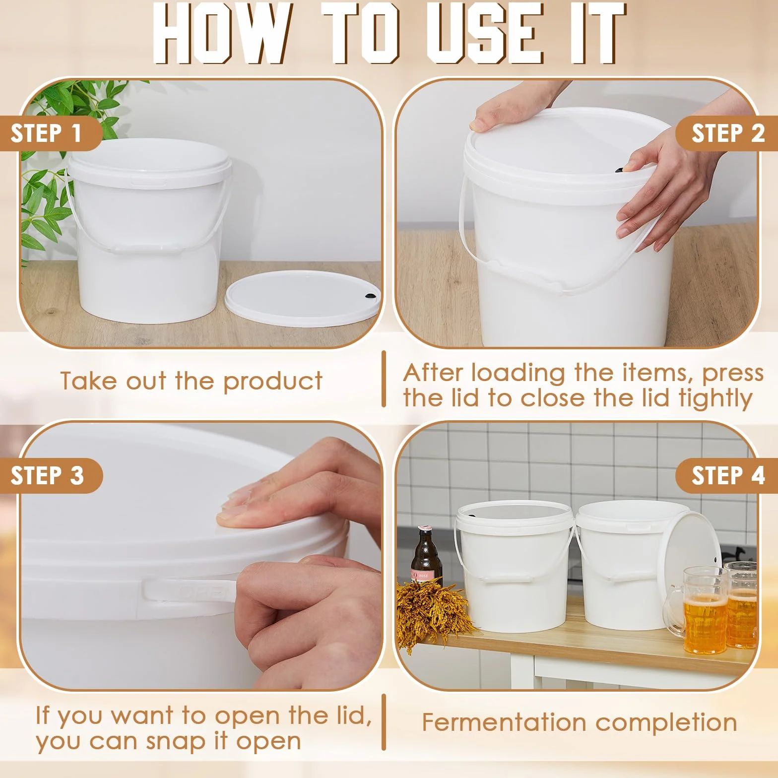 Hushee 6 cubos de fermentación redondos de 2 galones con tapa, sin BPA, fermentador de vino casero de grado alimenticio para cerveza, hidromiel, sidra, bebida fermentada, color blanco