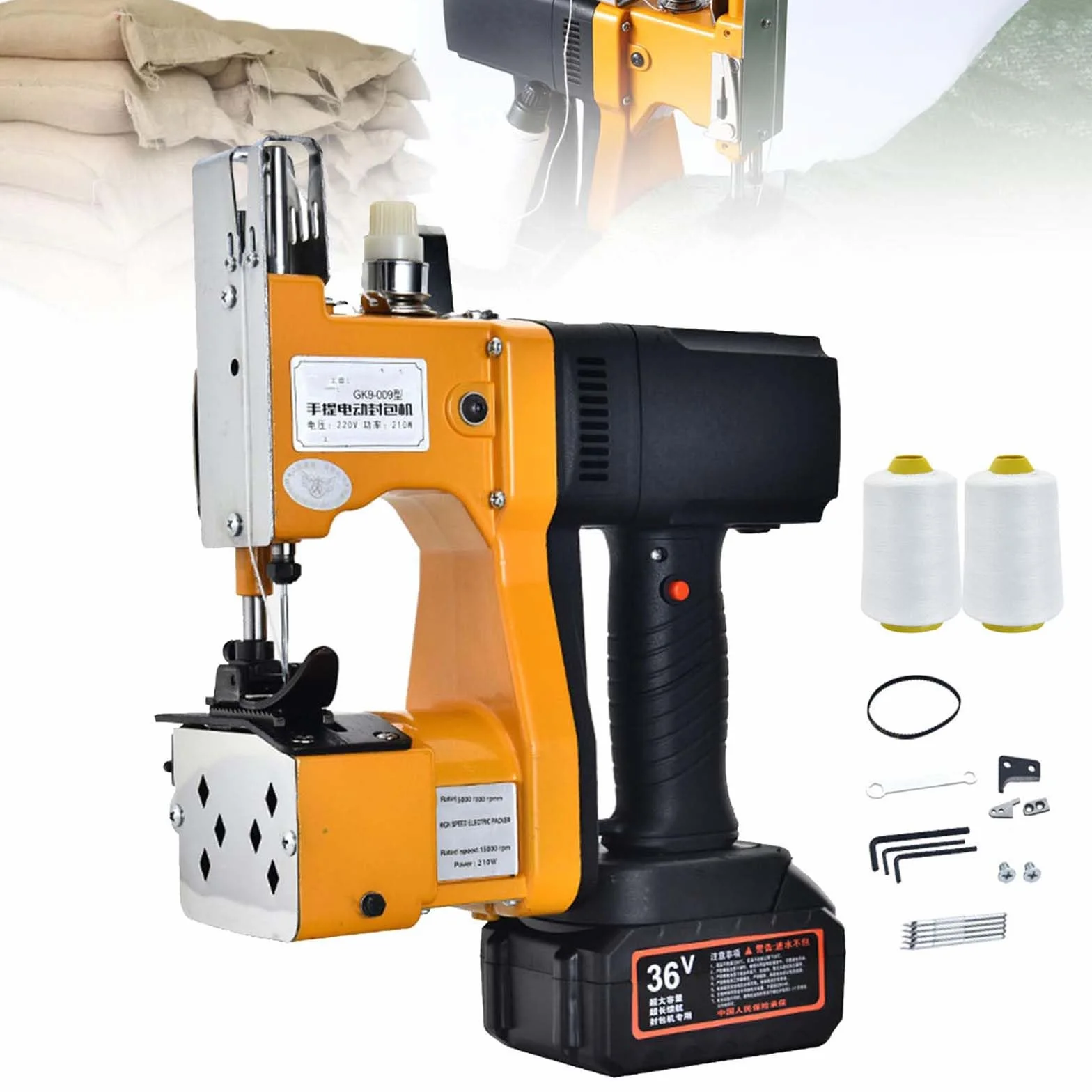Máquina eléctrica de cierre de bolsas, cosedora inalámbrica portátil con batería de 36 V, 1700 puntadas/min, ideal para arpillera, lona, sacos de alimentación, rápido 2 segundos/bolsa