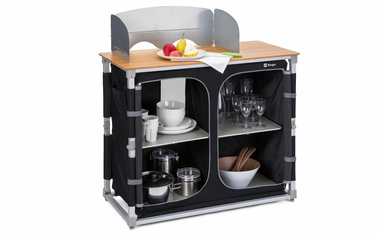 Berger Deluxe | Mueble de Cocina de Camping, Cocina Plegable con Encimera de Bambú, Armario de Almacenamiento con 4 Compartimentos, Protector de Viento y Bolsa de Transporte, Estructura de Aluminio