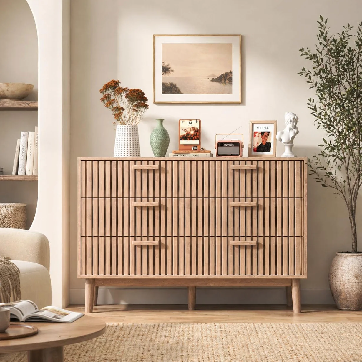 Cómoda con 6 cajones, 100 x 34 x 73 cm, aparador de Madera, Mueble con cajones de Gran Capacidad para salón, Dormitorio, diseño Lineal (Color de Madera Natural, Seis cajones)