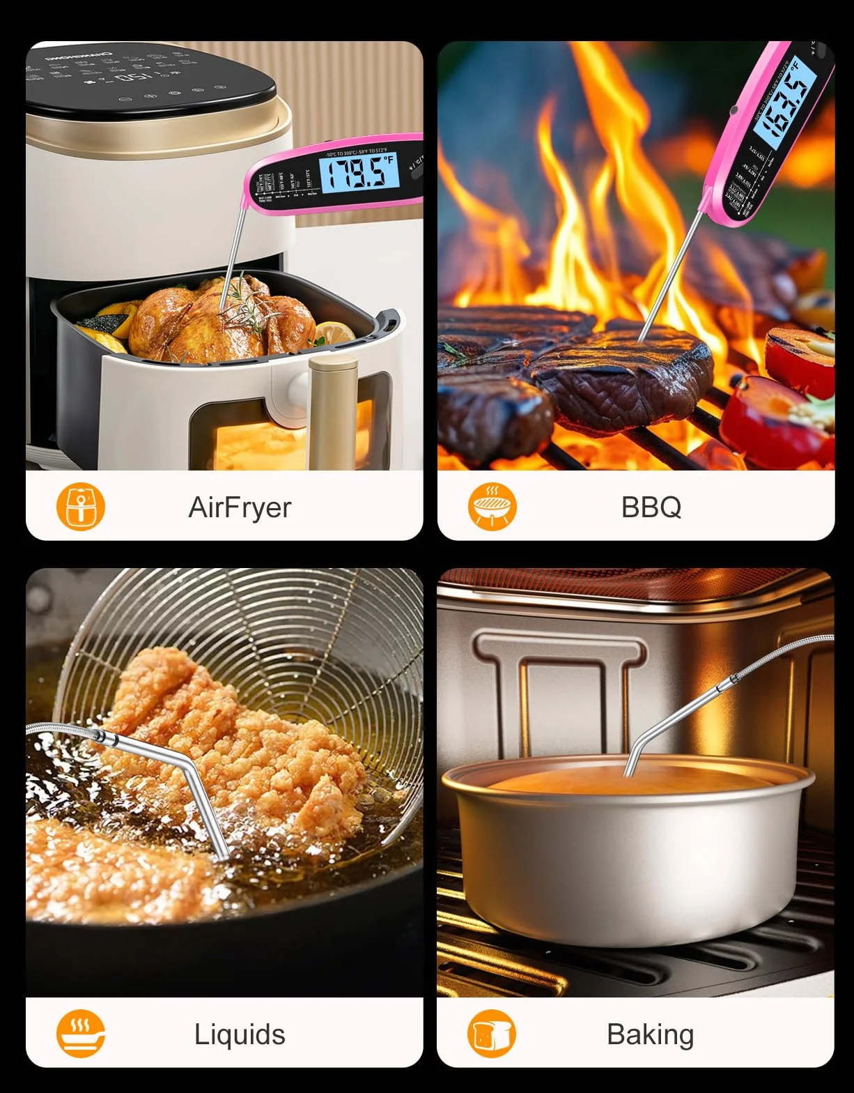 Termómetro digital de carne de lectura instantánea para cocinar y asar con doble sonda, pantalla retroiluminada grande y calibración automática, termómetro de alimentos para parrilla, ahumador