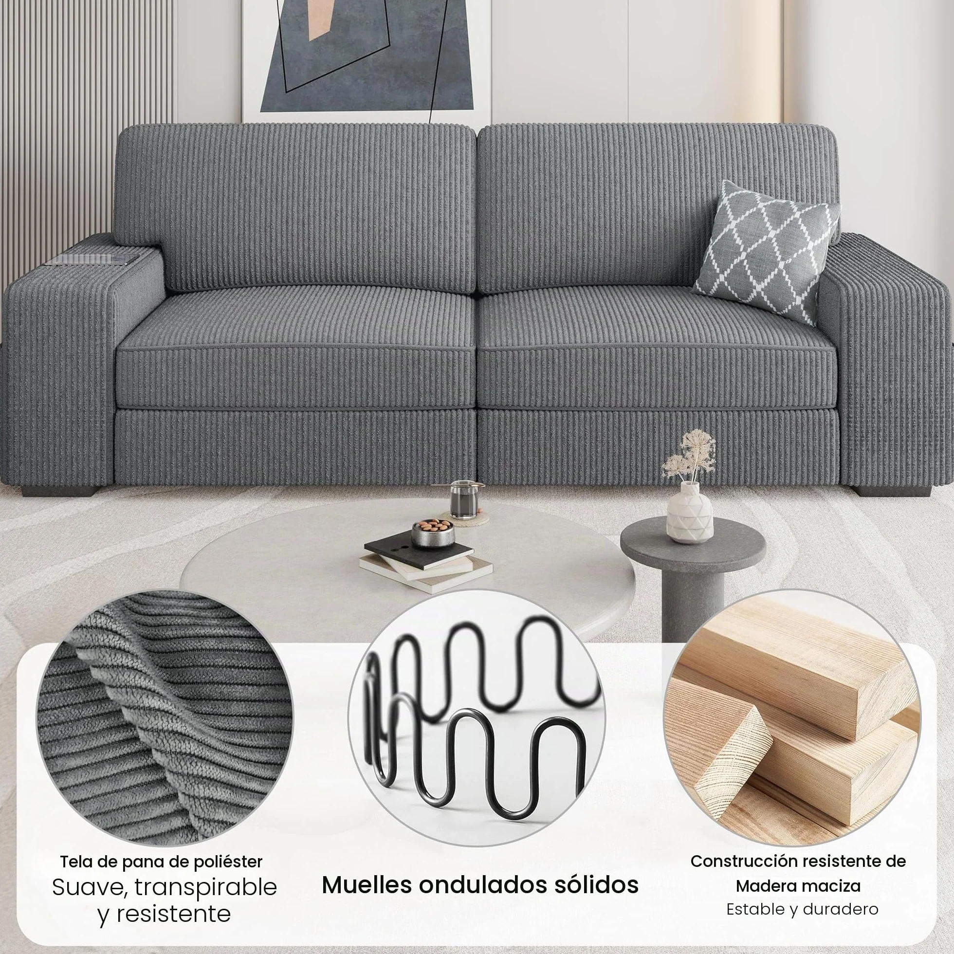 Yaheetech Sofá de 2 Plazas Tapizado de Pana de 212 X 81 cm Sofá con Cojines Extraíbles Sofá Moderno con Reposabrazos Anchos Carga MAX 272 KG para Salón/Dormitorio/Sala de Estar Gris Oscuro