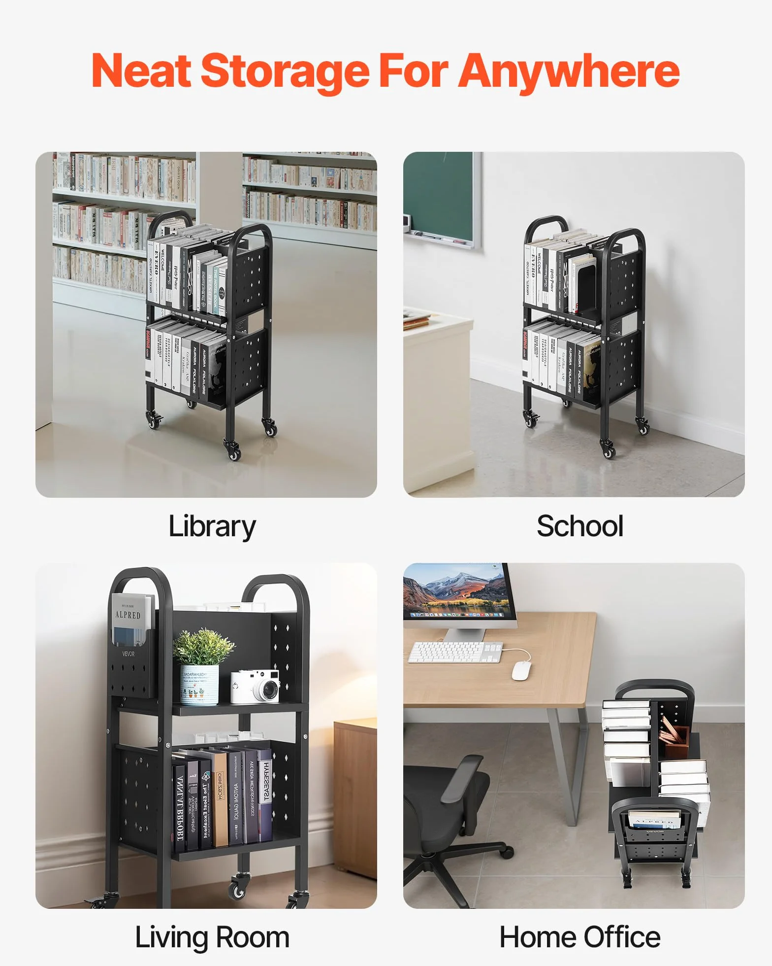 VEVOR Carro para Libros de 2 Niveles Estantería de Libros con Ruedas 45 x 33 x 88 cm Estante de Almacenamiento en Forma de L Doble Caro Carro Rodante para Biblioteca, Oficina, Escuela, Negro