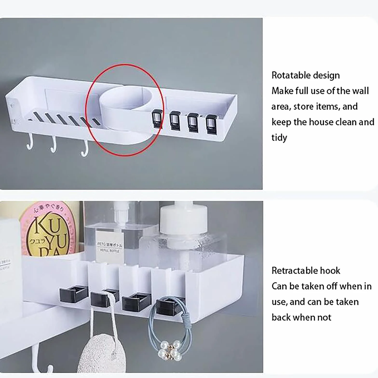 estantes de baño exquisitos Estante de baño montado en la Pared Ducha sin perforación Estante de Ducha con Ganchos Estante Giratorio para Cocina baño Inodoro/Negro