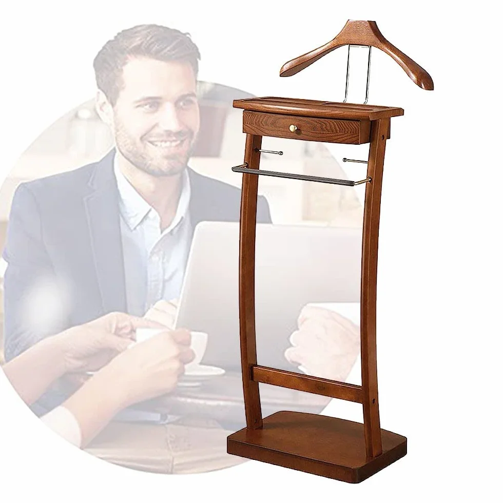 Galán de Noche de Madera, Galan de Noche Moderno con Estantes, Multifuncional Perchero con Cajones, Perchero para Ropa de Pie en el Suelo Hombro Ancho Curvo, para Dormitorio