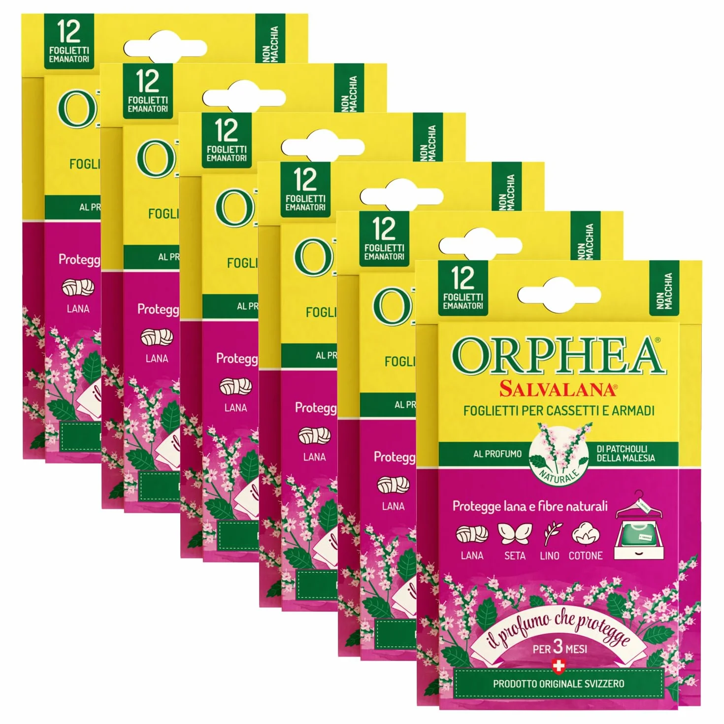 Orphea Salvalana - 6 paquetes de 12 hojas para lana y ropa toda la temporada, aroma de pachuli de Malasia, 6 paquetes de 12 hojas