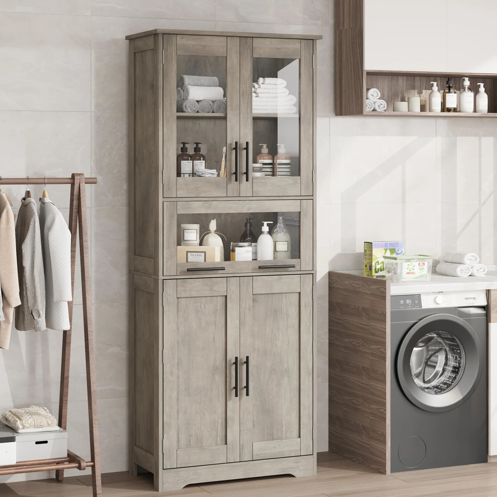 Armario de Baño Doble Compartimento 60x30x170 cm, Mueble con Puertas y Estante Ajustable, Gris