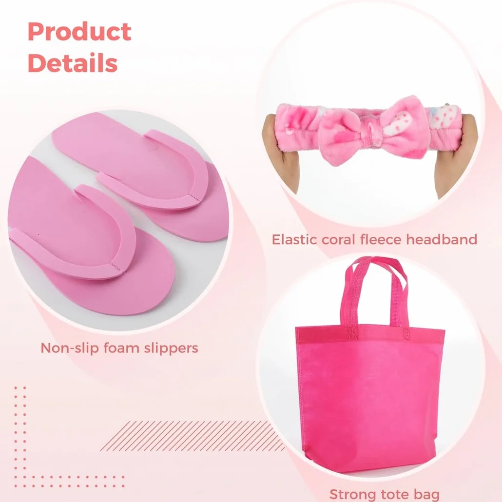 Kit de fiesta de spa de 32 piezas: incluye 8 kimonos de satén, 8 diademas de spa, 8 pantuflas de espuma y 8 bolsas para fiestas de pijamas de niños, fiestas de pedicura y diversión en el salón de