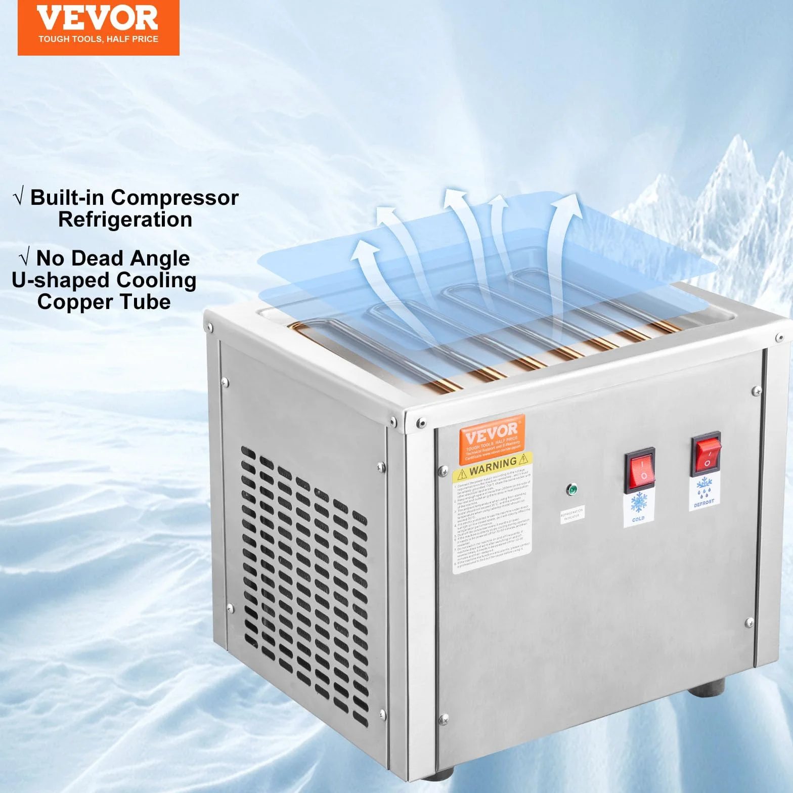 VEVOR Máquina para Hacer Helados Fritos Bandeja para Helados Fritos de 28 x 24 cm Plancha para Helados Enrollados de Acero Inoxidable con Compresor y 2 Raspadores para Hacer Helados, Yogur Helado