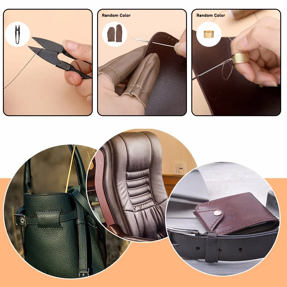 Kit de costura de cuero, kit de reparación de tapicería de costura de cuero, kit de trabajo de cuero con 8 hilos de tapicería, agujas de coser de cuero, kit de herramientas de artesanía de cuero para