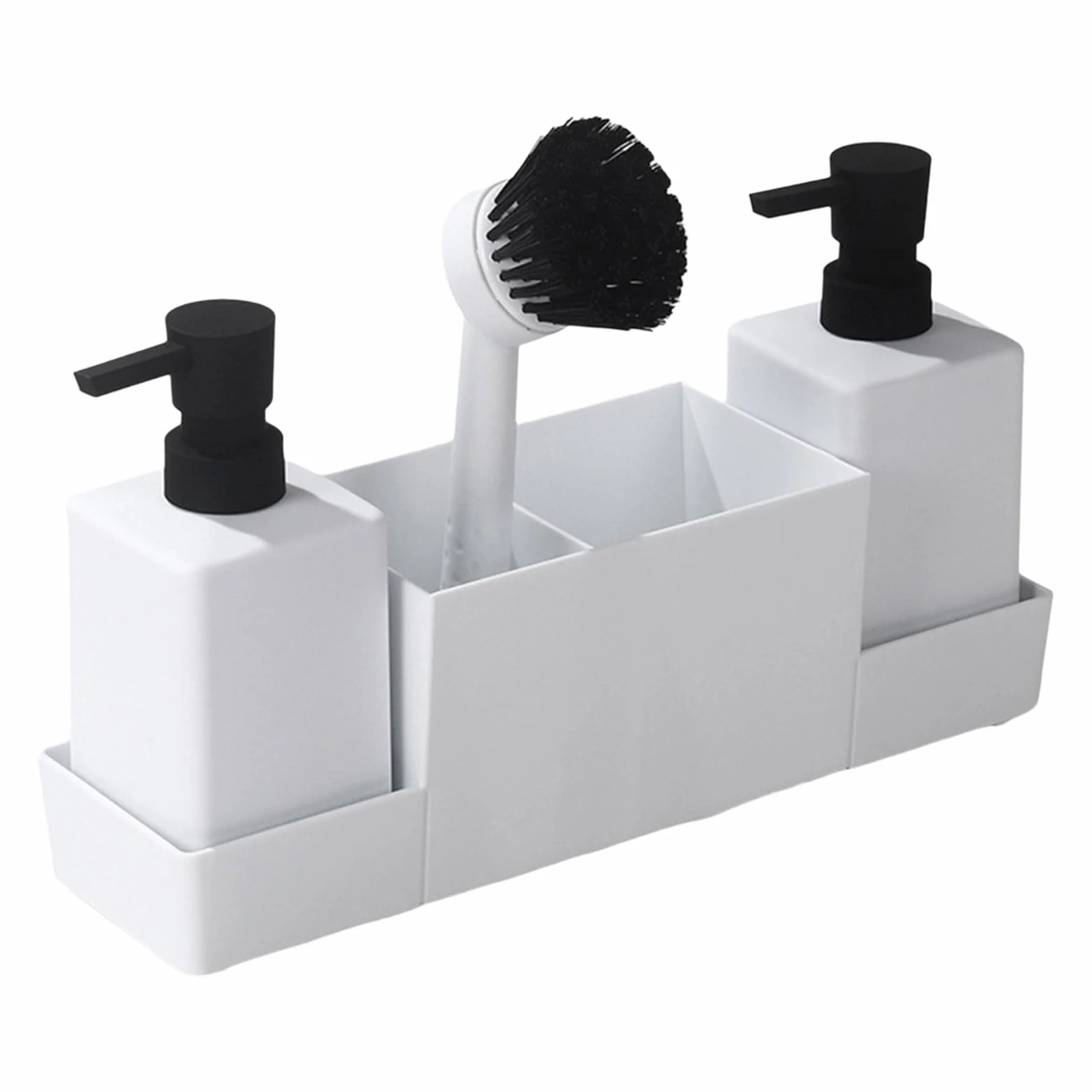 Organizador de encimera de cocina eficiente con dispensador de jabón y accesorios de limpieza, compartimento de almacenamiento de esponja y cepillo, organizador de cocina blanco