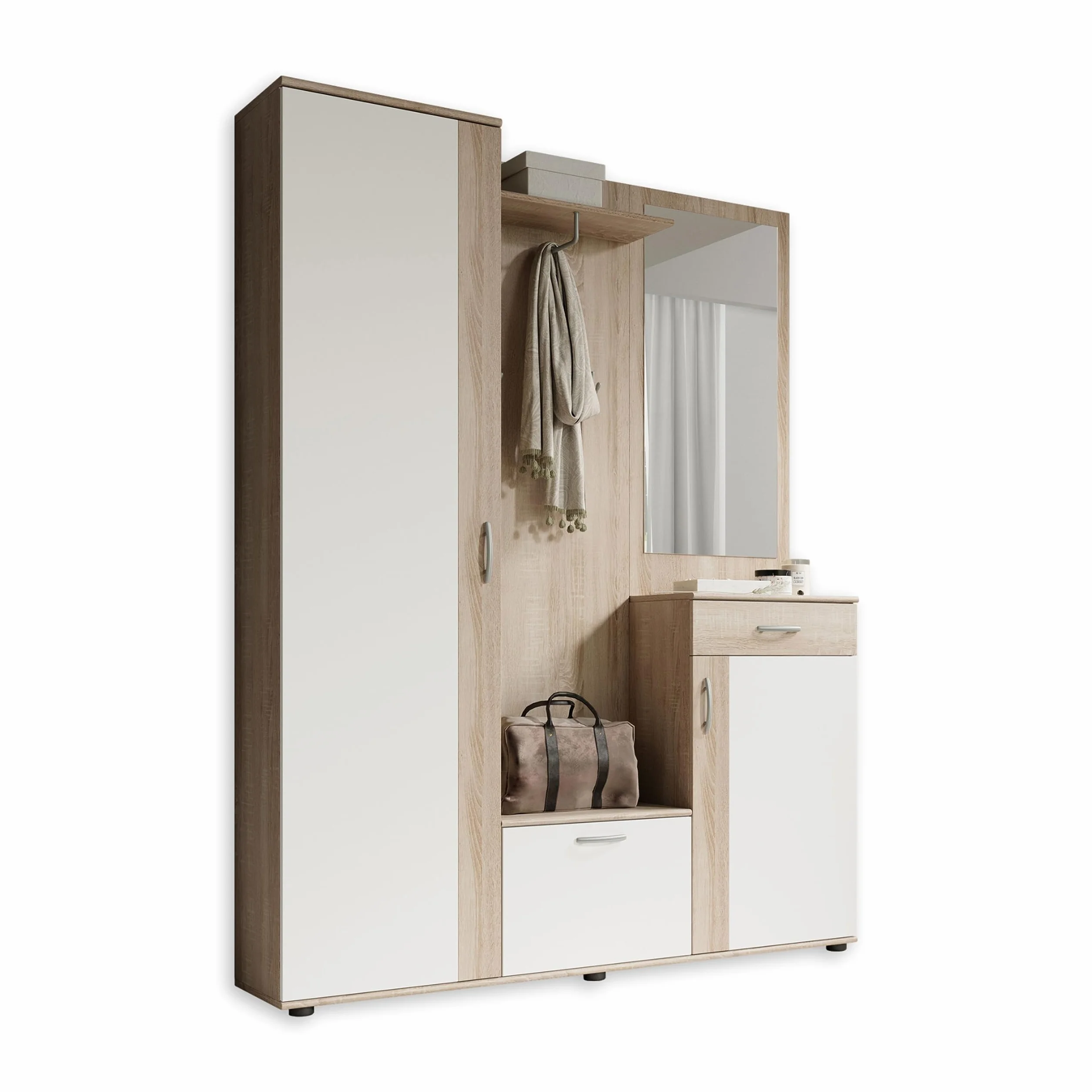 Stella Trading Patent Conjunto de Armario/Perchero en Acabado Roble Sonoma, Blanco, Elegante Armario Compacto con Espejo para tu Zona de Entrada, 145 x 184 x 29 cm (Ancho/Alto/Profundo), marrón