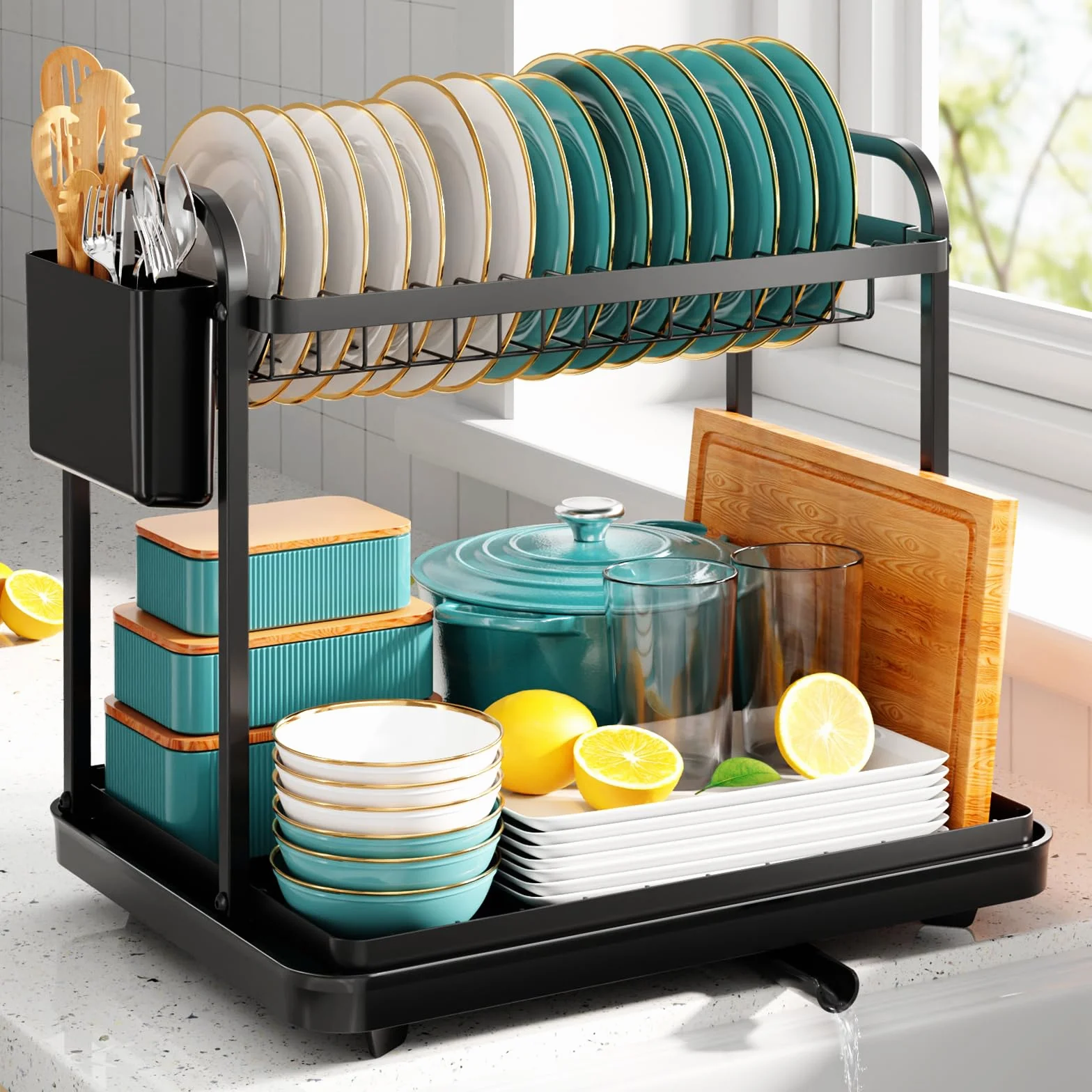 Kitsure Escurreplatos de Cocina Acero Inoxidable Ahorra Espacio, 2 Niveles, Negro