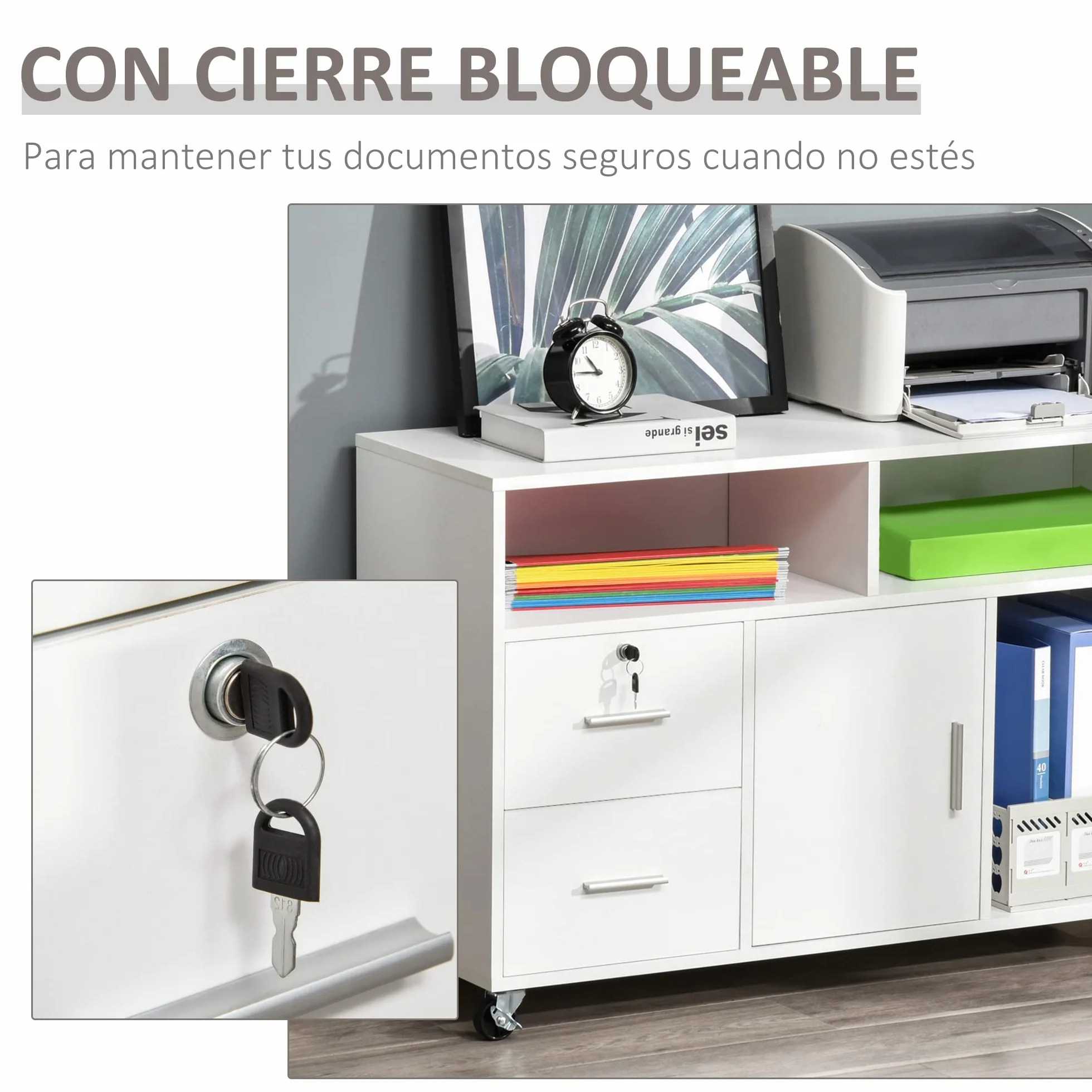 HOMCOM Mueble Auxiliar de Oficina Mueble Archivador con Ruedas Estantes y Cajones Armario Multiusos con Gran Almacenaje 100x35x65 cm Blanco