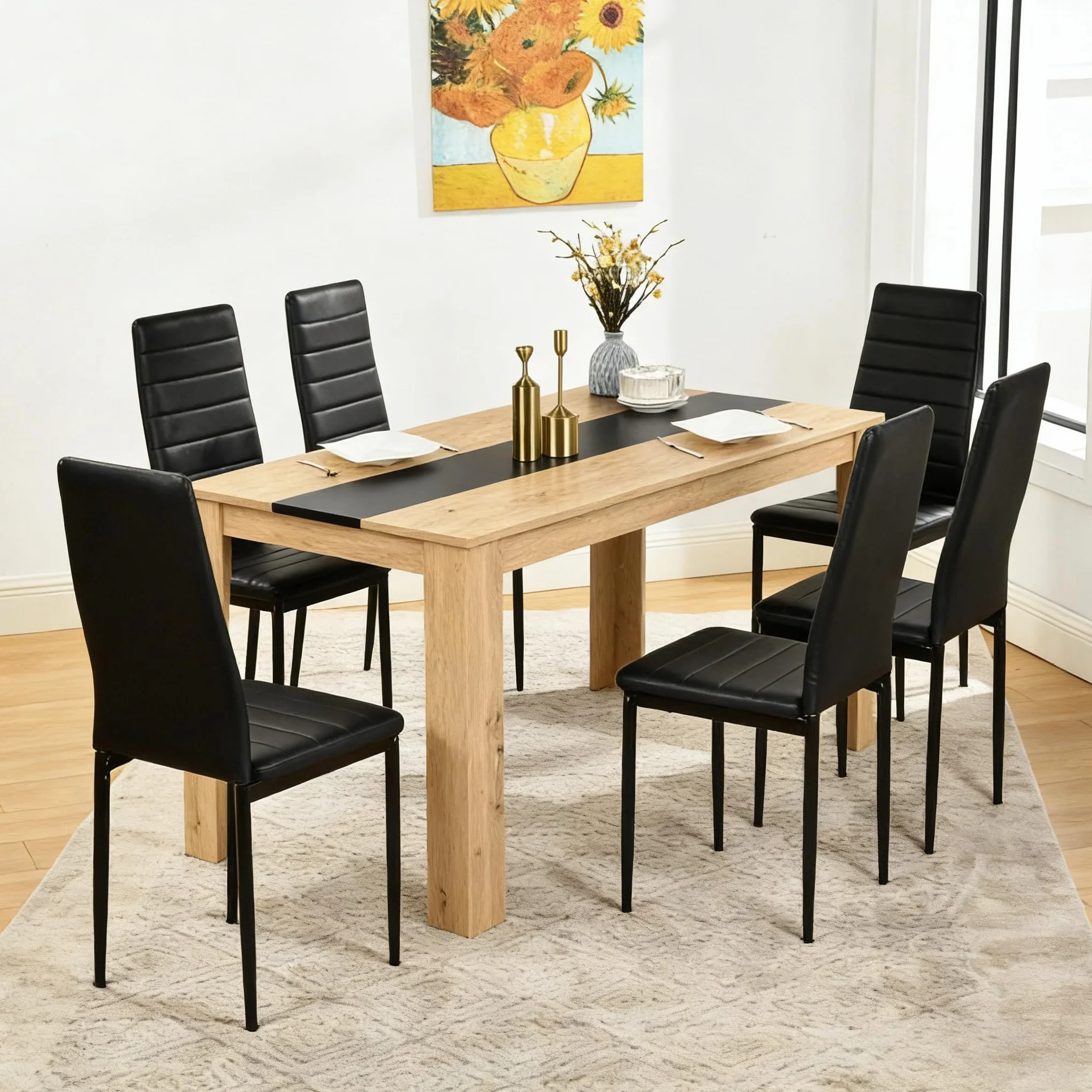 Conjunto 1 Mesa y 6 Sillas Comedor, Mesa:140x70x75cm, Silla:40x39x98 cm, Ideal para Comedor, Cocina y Salon, Mesa y Sillas Cocina
