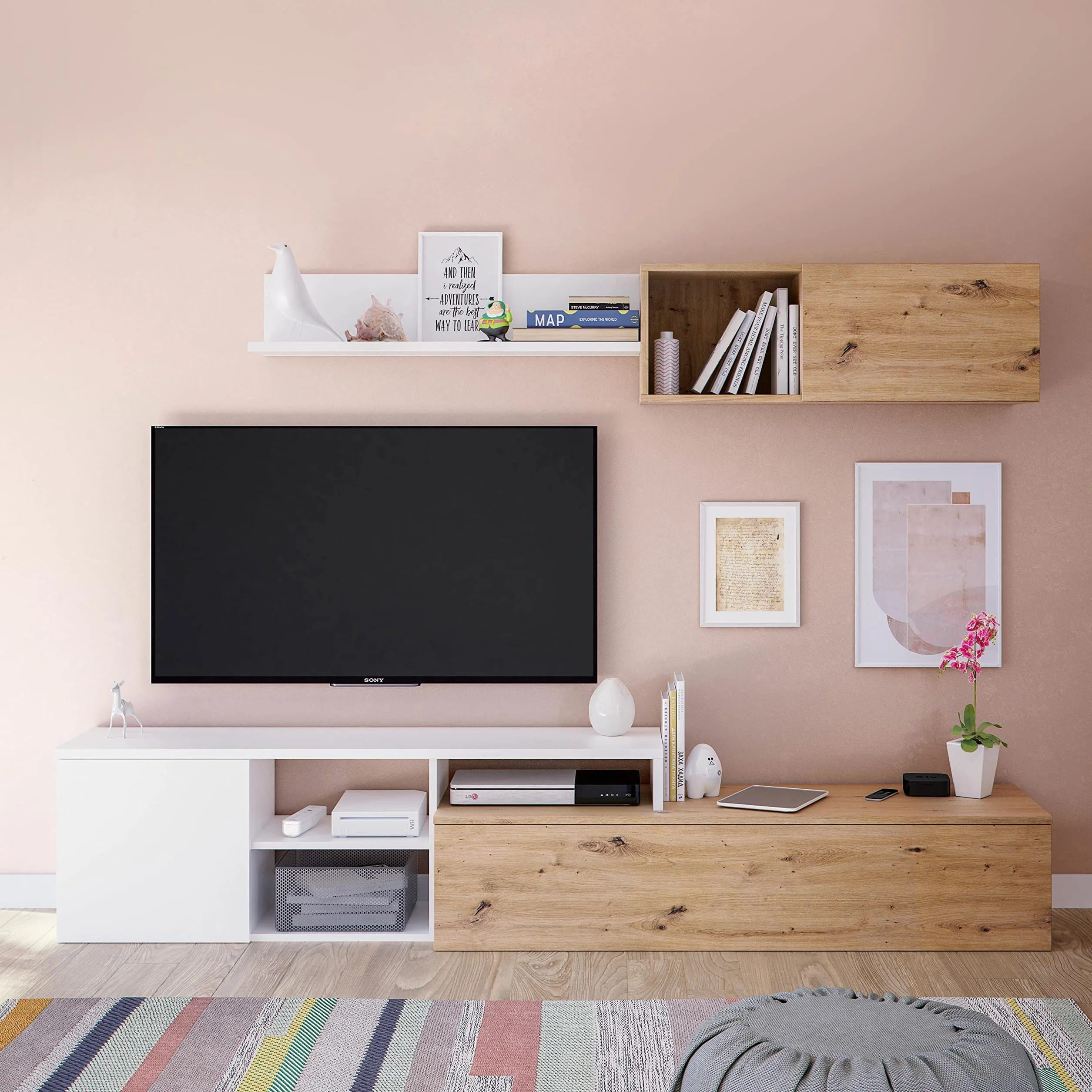 Habitdesign Conjunto de Salon Reversible, Mueble de Salon, Modulos de Comedor, Modelo Julia, Acabado en Roble Nodi y Blanco Artik, Medidas: 221 cm (Ancho) x 44 cm (Alto) 40cm (Fondo), Grande, 016647W