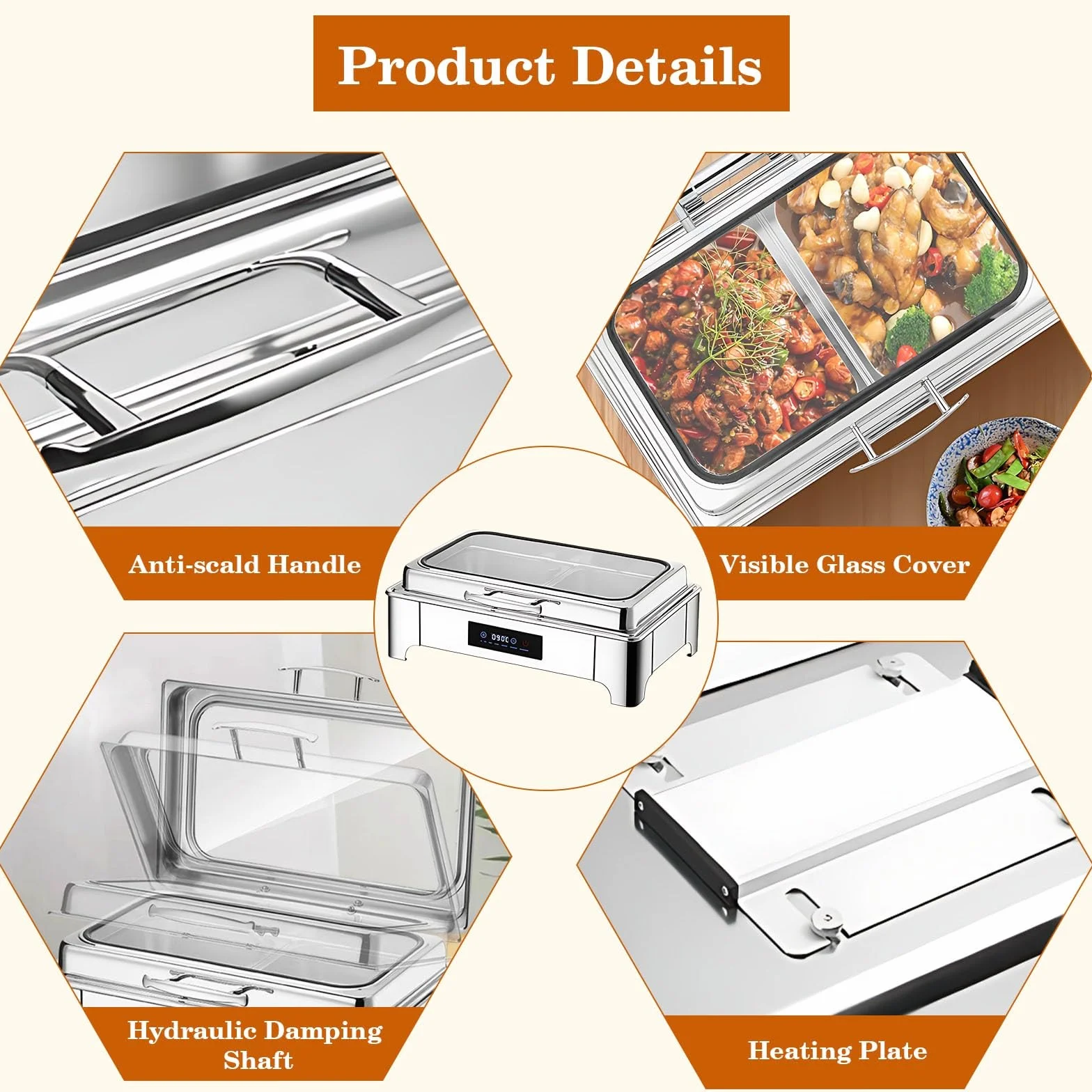 Chafing Dish Electrico, 9L Calentador de Comida Electrico para Buffet Temperatura Regulable, Chafing Dish Buffet con Tapa Transparente Acero Inoxidable(B, 1/3 Pan)
