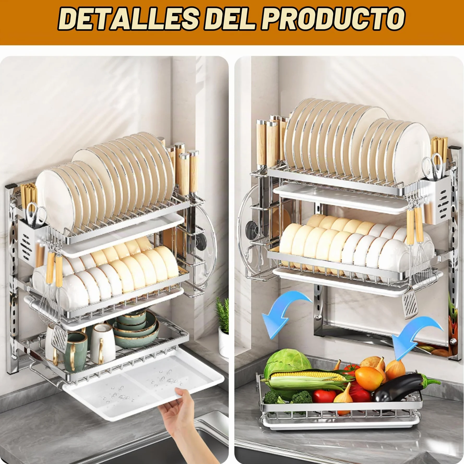 Yeory Artillo de Secado de Platos montados en la Pared, Estante de Secado de Plato de Acero Inoxidable de 3 Niveles, Estante de Secado para Platos Colgantes, lavador de Platos de Montaje en la Pared