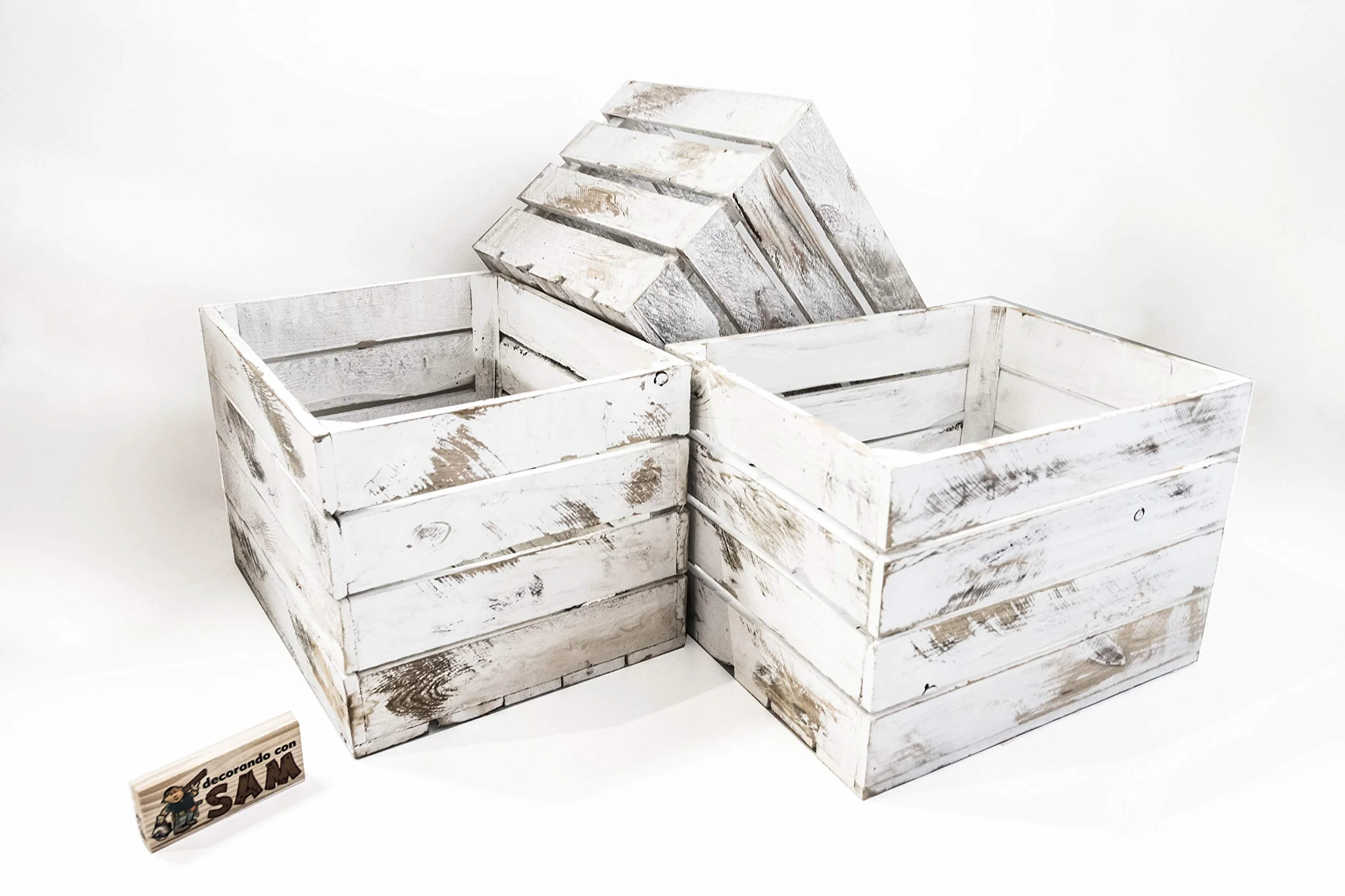 Set 3 Cajas Grandes Blancas Vintage Sam, Decoración, Almacenamiento, Madera, Blanco Vintage, 50x40x30CM. Incluye Imán Personalizable de Regalo