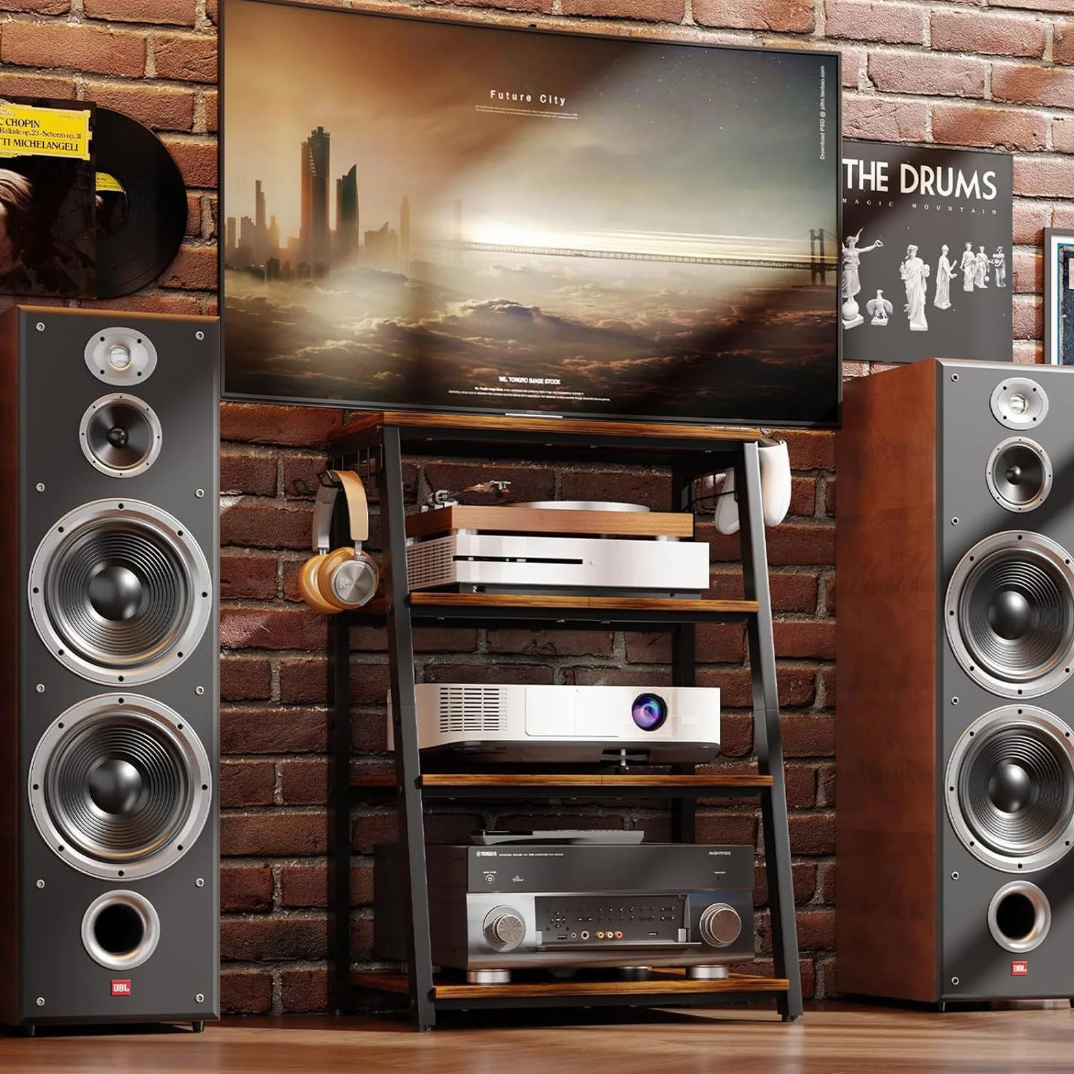 Estantería HiFi de 4 niveles de madera y acero para el hogar, con ganchos, estantería HiFi en forma de escalera con estantes para tocadiscos, equipos estéreos, equipos compactos y consolas de
