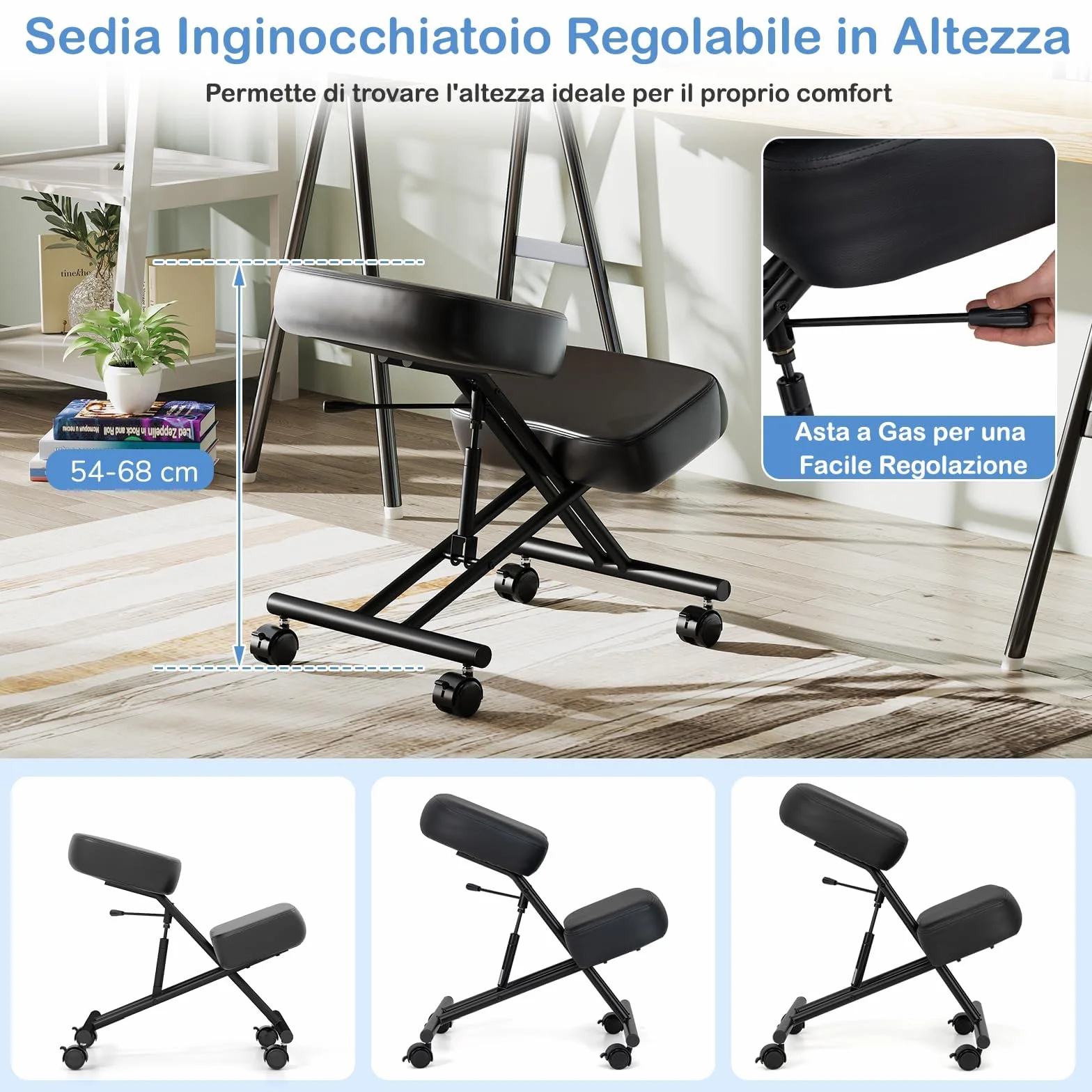 GIANTEX Silla de Rodillas Ergonómica para Corrección Postural, Taburete Acolchado con Altura Ajustable y 4 Ruedas Bloqueables, Silla de Escritorio para Oficina, Estudio