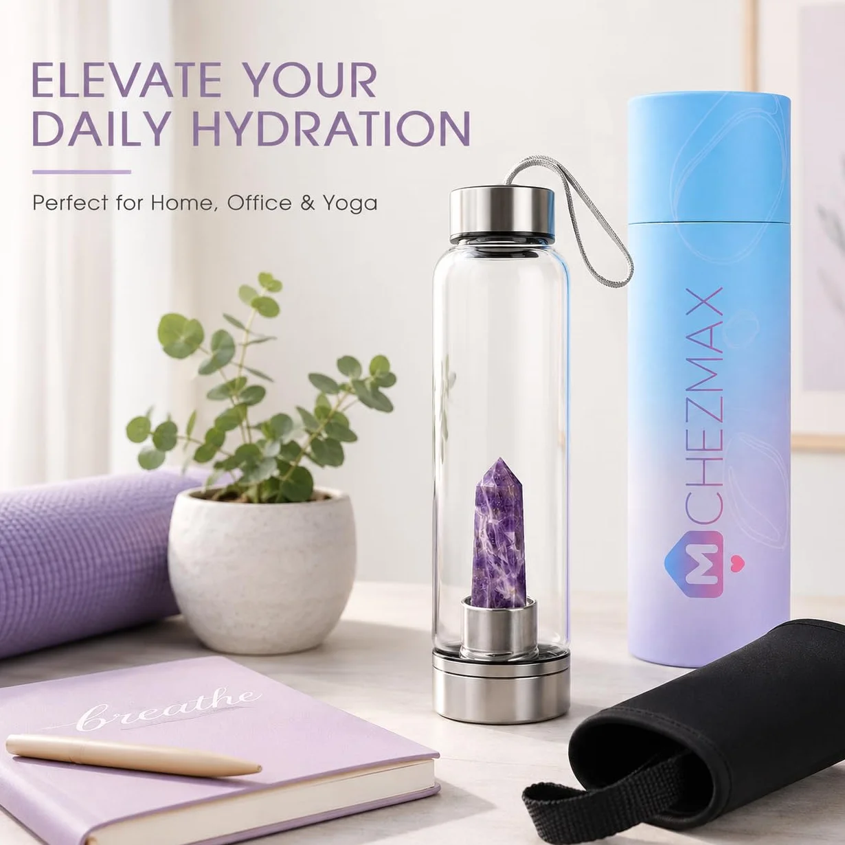 ChezMax Botella de agua de cristal con cristal natural extraíble