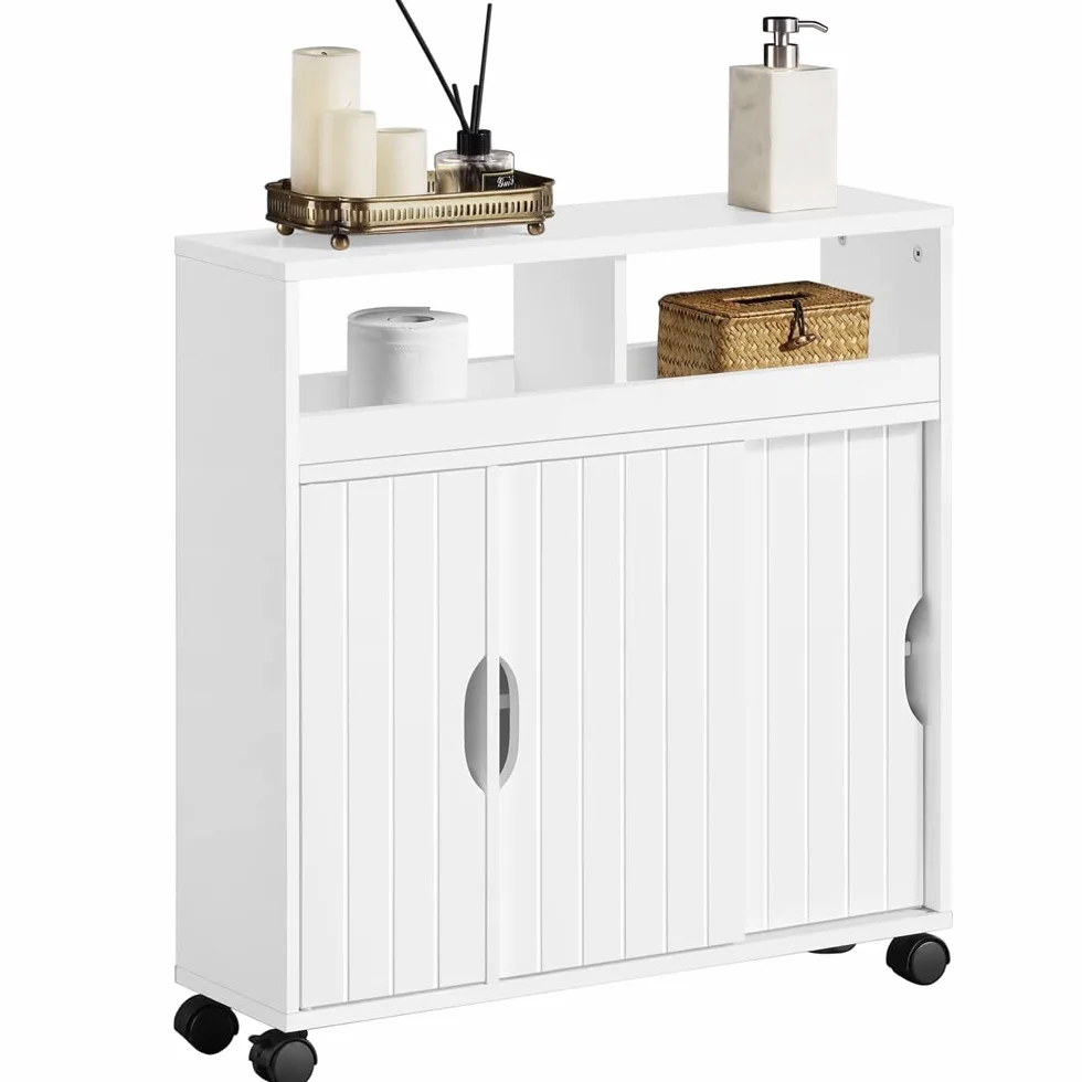 Yaheetech Mueble de Baño con Ruedas Armario de Suelo Estrecho con Puertas Correderas Mueble Cocina Auxiliar de Madera Lacada con Estantes para Espacio Estrecho 20 x 69.5 x 71.5 cm,Blanco