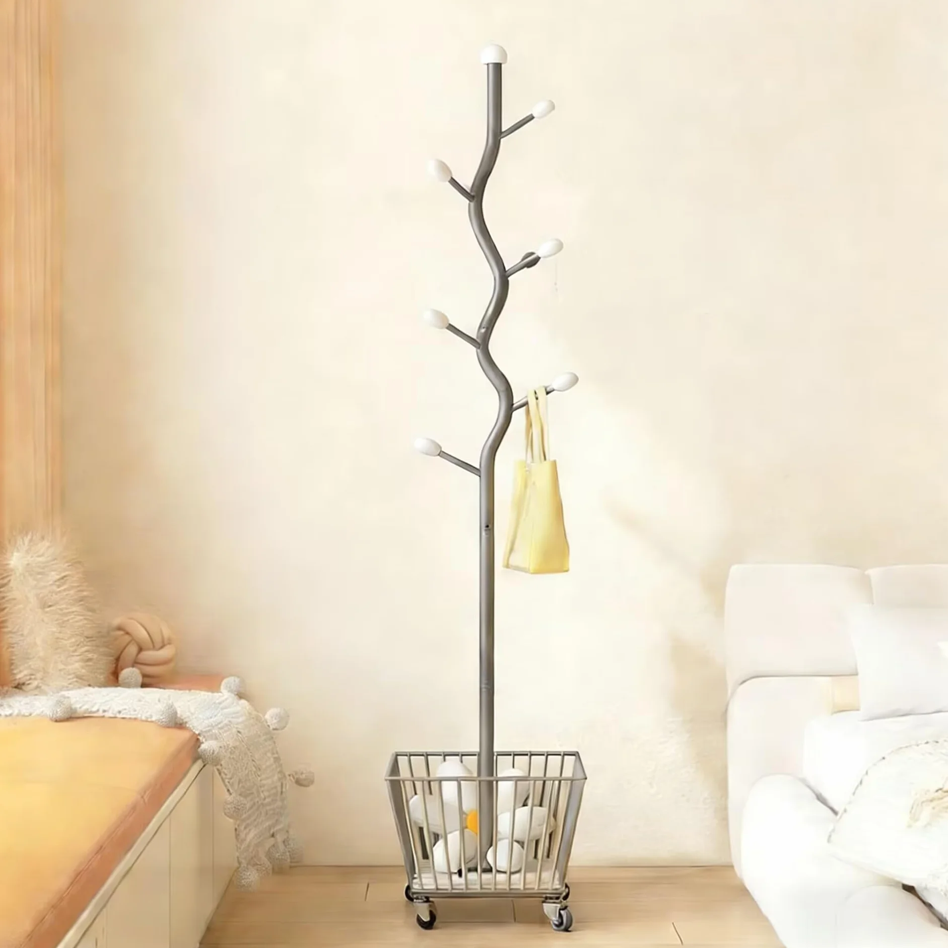 Perchero en forma de árbol con cesta de almacenamiento, colgador independiente, 9 ganchos y ruedas con cerradura para entrada, dormitorio