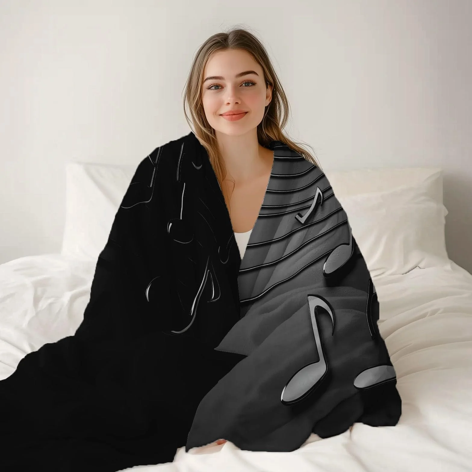 Manta de franela con diseño de música y notas musicales, rayas espectrales, símbolos, manta polar franela, suave y caliente, color negro, para niños, adultos, regalo para amigos, familia, sofá cama