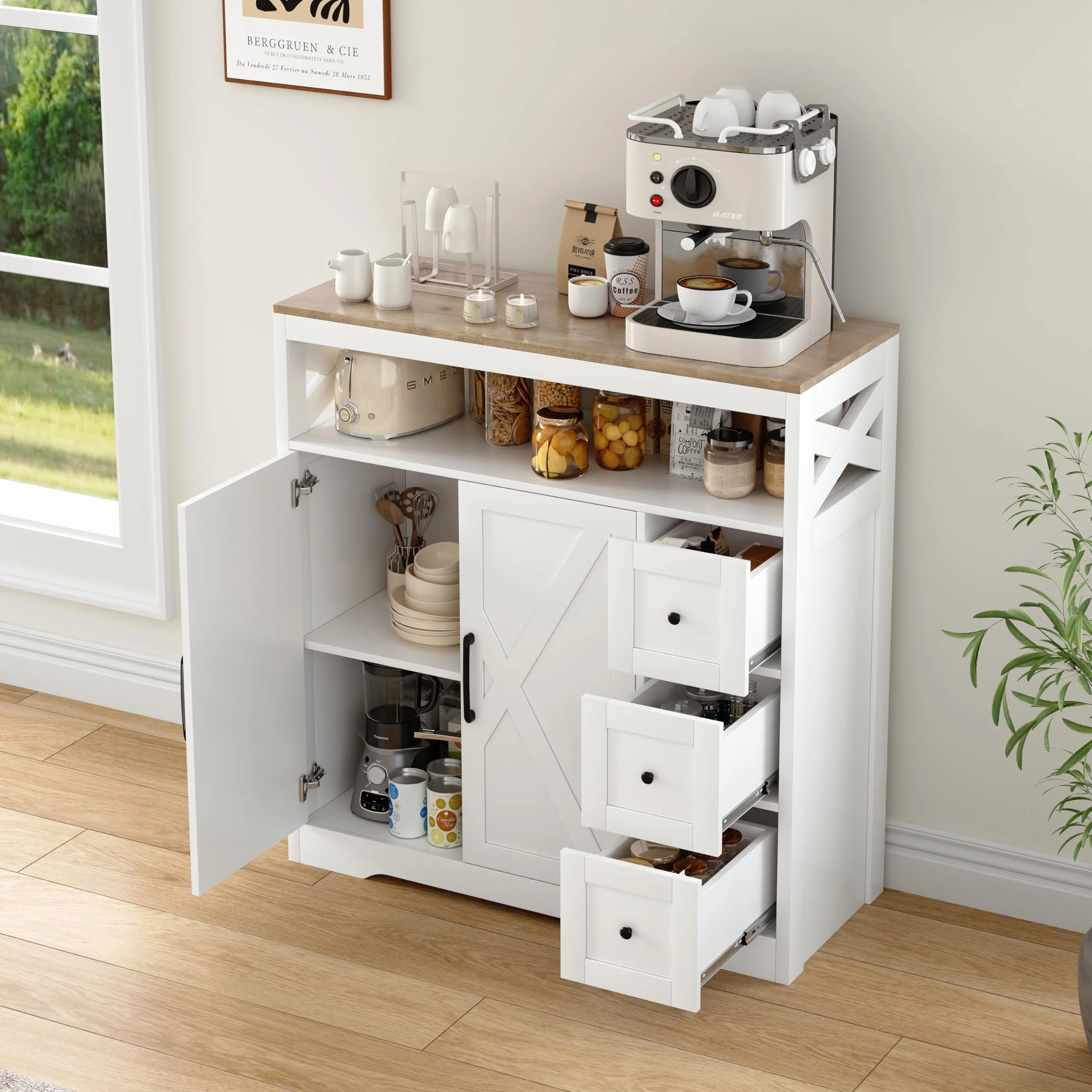 Aparador de cocina, mueble de almacenamiento con 4 puertas y estante ajustable, aparador moderno para comedor, armario de cocina para salón y comedor (100 x 40 x 105 cm)