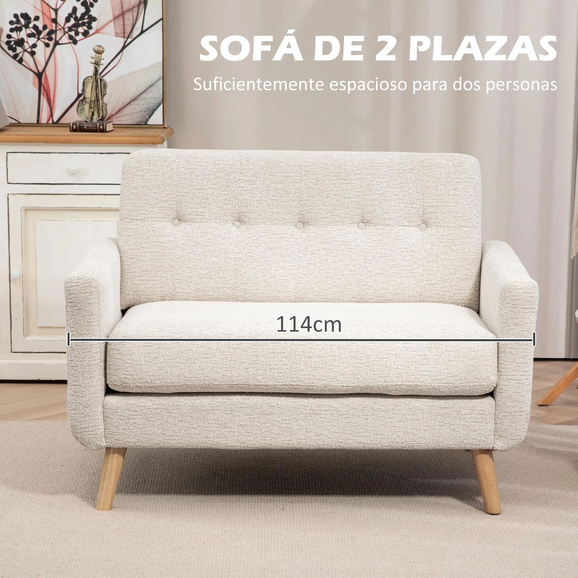 HOMCOM Sofá de 2 Plazas Tapizado en Terciopelo Sofá de Salón Moderno con Reposabrazos y Patas de Madera Carga 240 kg para Dormitorio Oficina 114x71x82 cm Beige