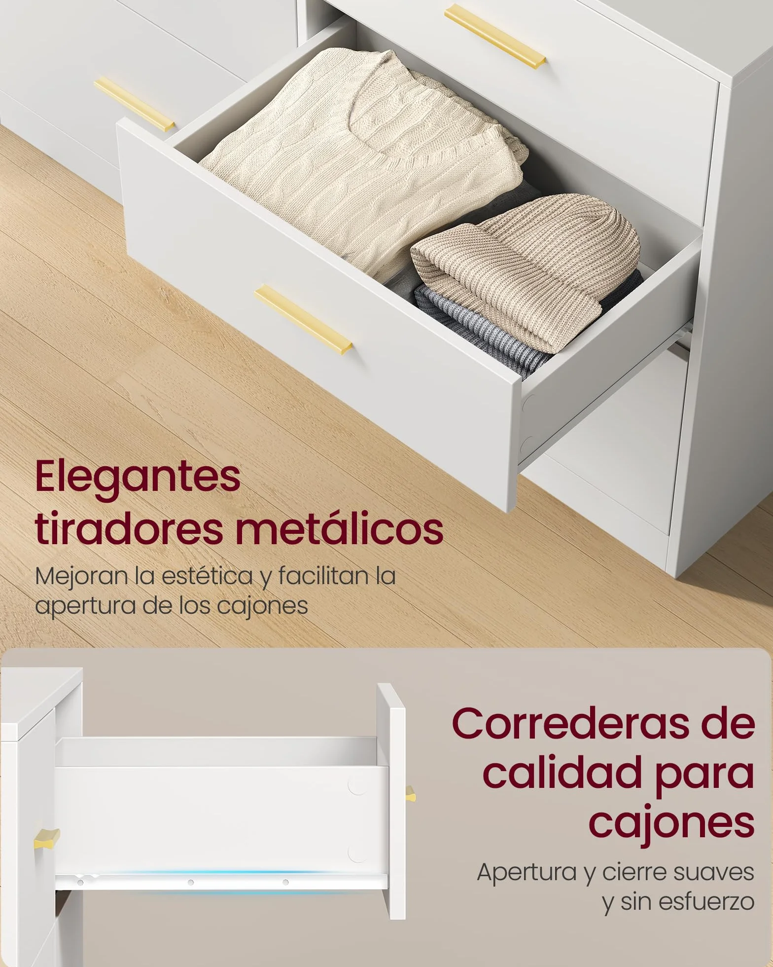 VASAGLE Custos Colección - Cómoda para Dormitorio, Mueble Almacenaje con Cajones, Soporte Moderno para TV de Salón, 6 Cajones, 40 x 119 x 78 cm, Blanco Nube LTS416WB01