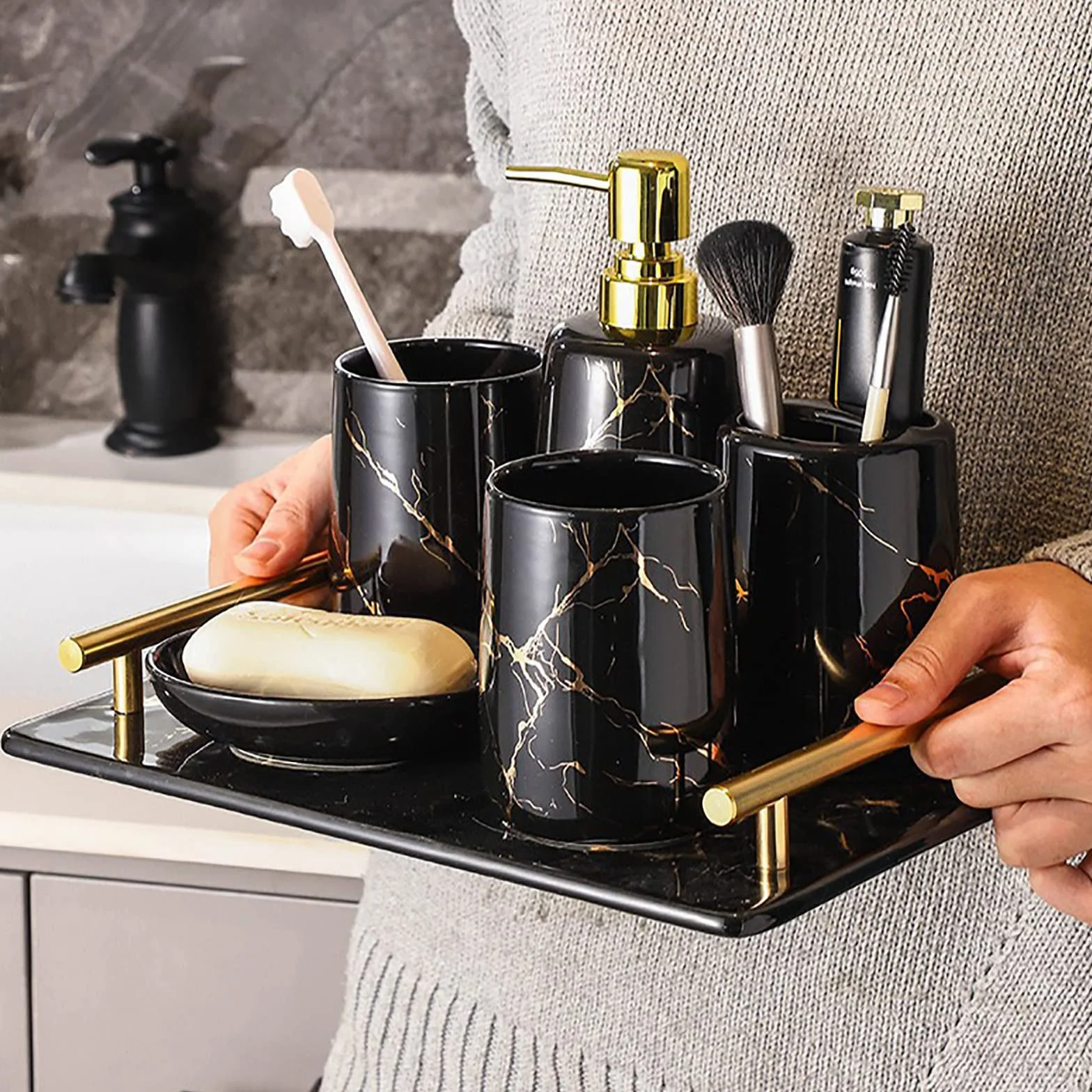 Juegos de Accesorios de baño, Acesorios Cuartos de Baño 5 Piezas con Dispensador Jabon Baño, Jabonera Baño, Porta Cepillo de Dientes, Bandeja, para Champú Gel de Ducha Cerámica