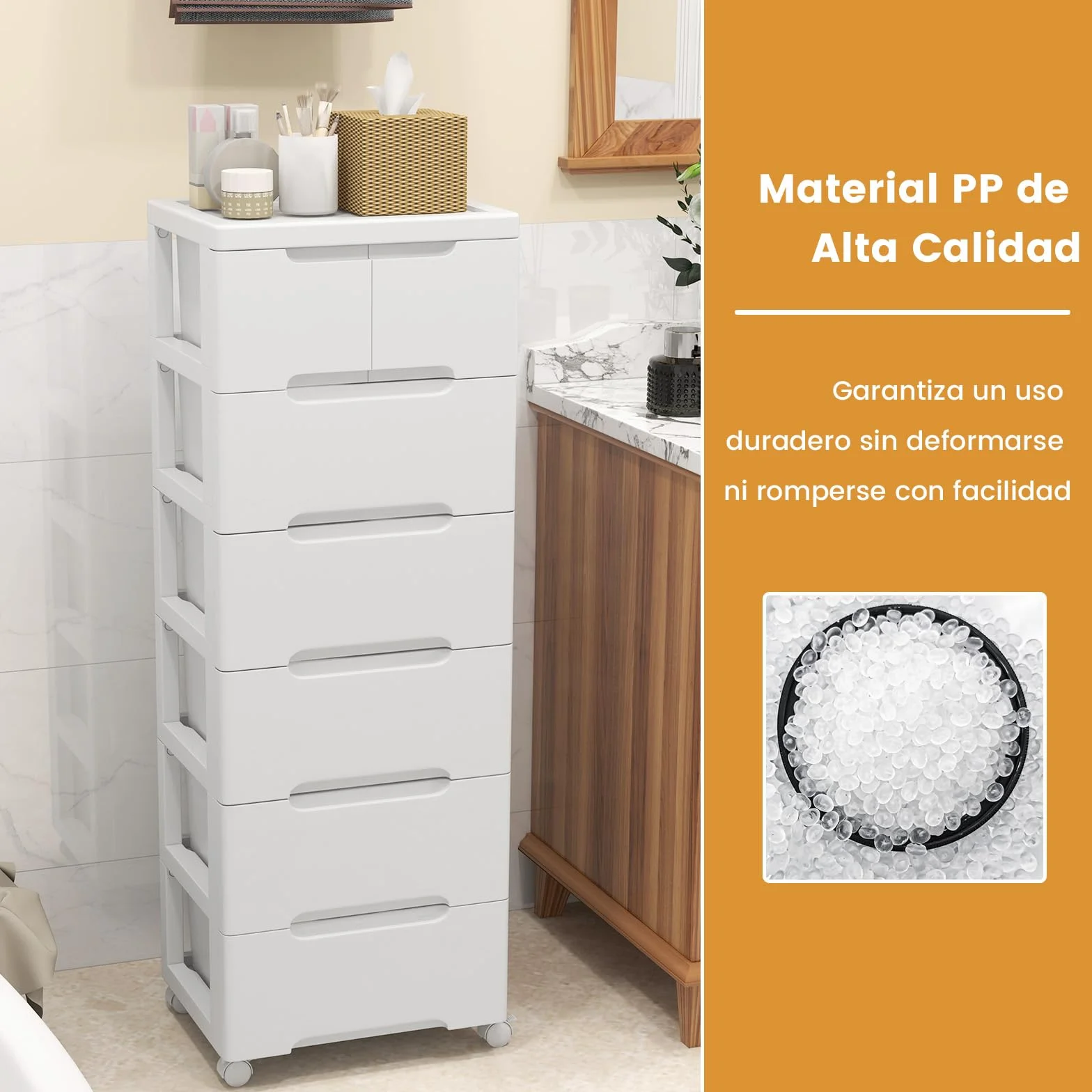 GOPLUS Carro de Almacenamiento de Plástico con Cajones, Mueble Organizador Móvil con 4 Ruedas Universales, Contenedor de Almacenamiento Vertical para Dormitorio, Oficina (Blanco, 6 Cajones)