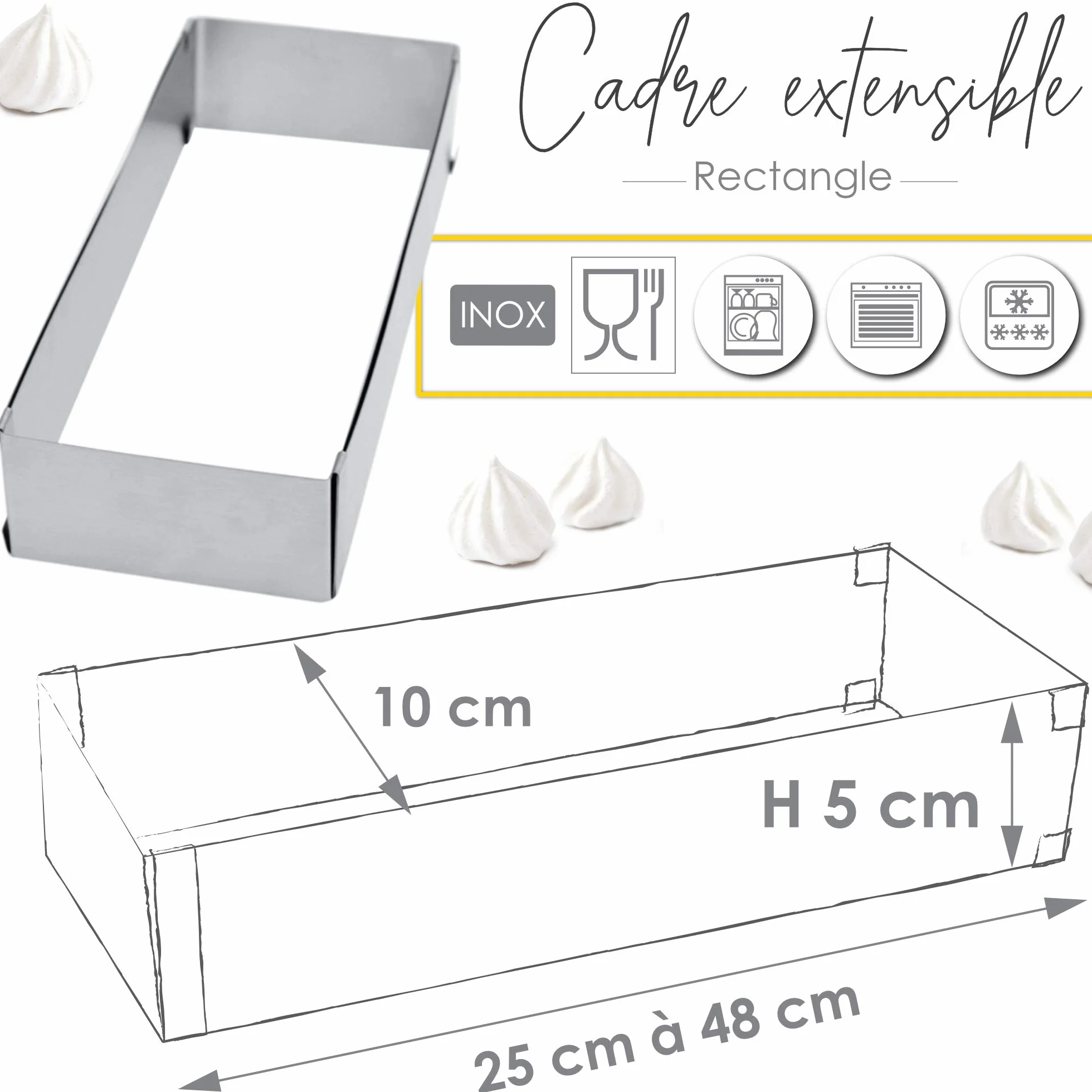 SCRAP COOKING 1916 Marco de repostería Extensible de Acero Inoxidable – Molde Rectangular de Longitud Ajustable de 25 a 48 cm – para Tartas, postres – Accesorio de pastelería, 18/10