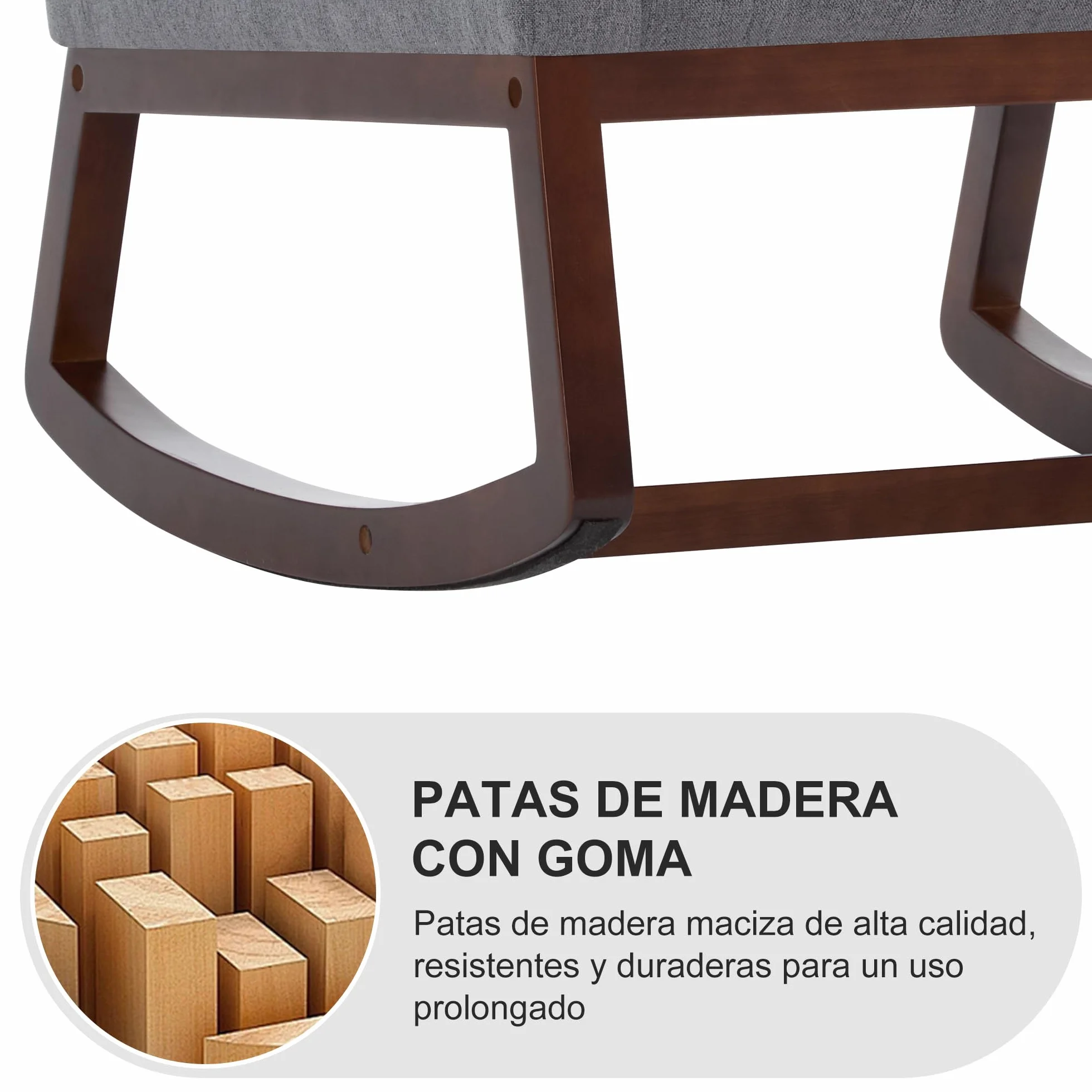 Silla Mecedora de Lactancia Lino, Respaldo Alto, Bolsillos Laterales, Patas de Madera (Gris Carbón)