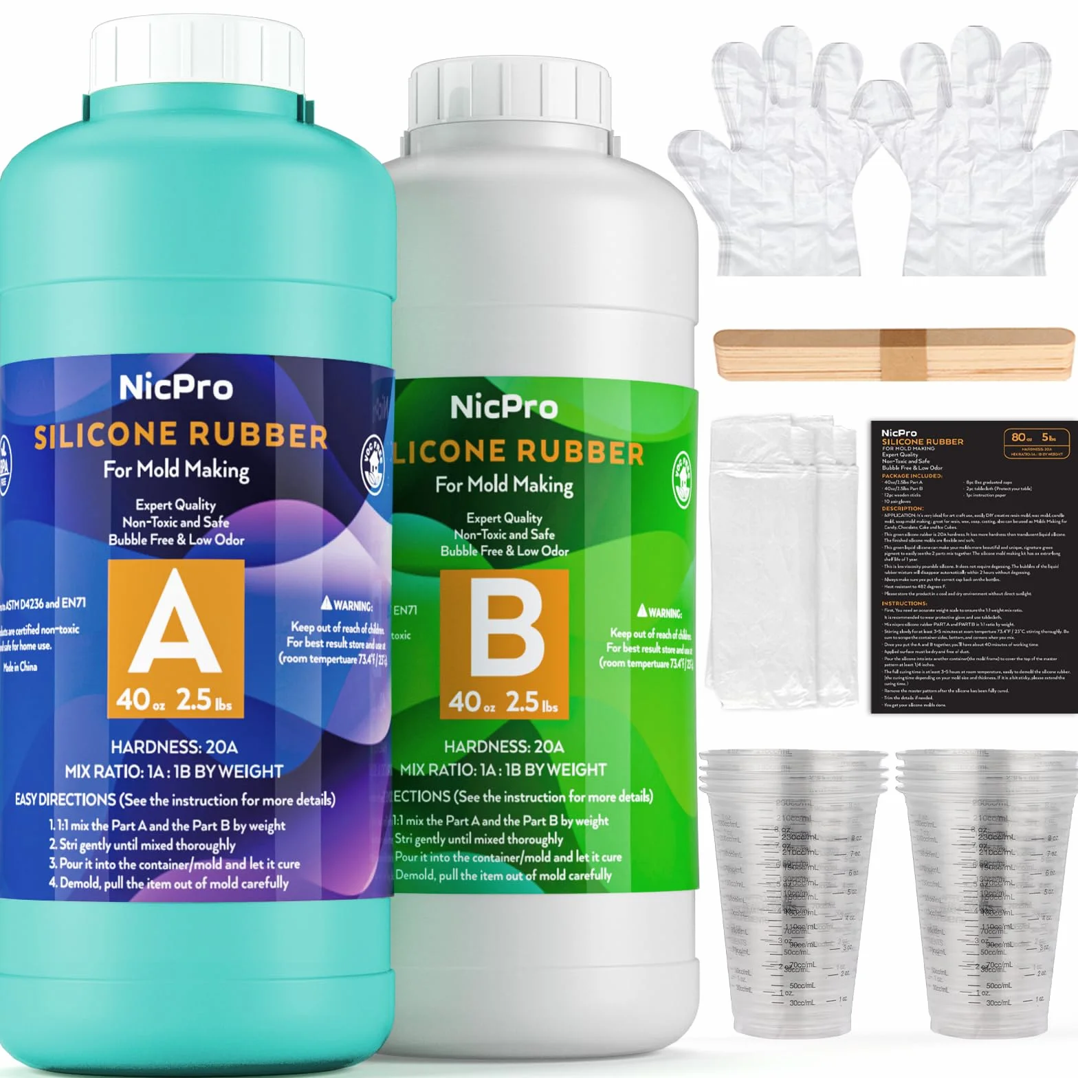 Nicpro 80 oz Silicone Mold Making Kit 20A, Platinum Liquid Silicone Rubber for Mold Maker, Jade Green Flexible & Food Safe Mix Ratio 1:1 for Casting 3D Resins Molds DIY with Gloves, Sticks & Cups