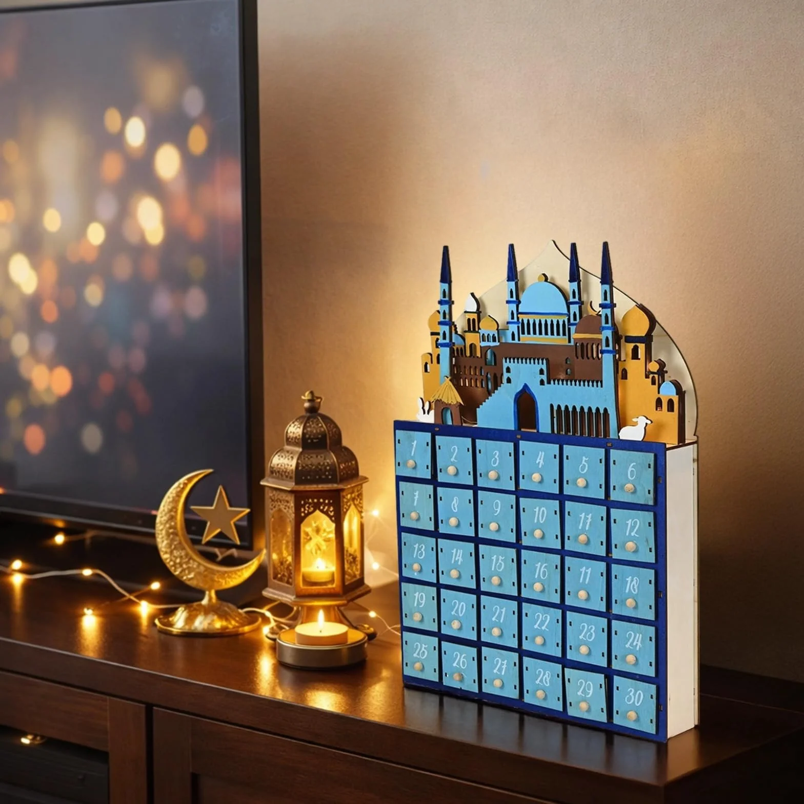 Calendario de Adviento de Ramadán, madera con luces LED, 30 cajones, 11 x 2.2 x 15.4 pulgadas, cuenta regresiva del festival Eid, lámpara de mesa para dormitorio, decoración religiosa musulmana