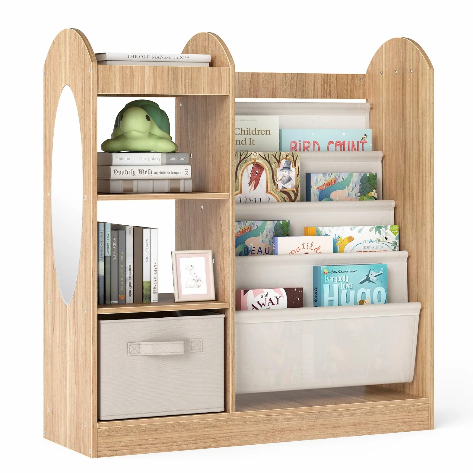 COSTWAY Librería Infantil, Estantería Infantil para Libros con Espejo de Cuerpo Entero, Cajón y Estantes de Tela de 4 Niveles, Librería Montessori para Sala de Juegos para Niños de 3+ Años (Natural)