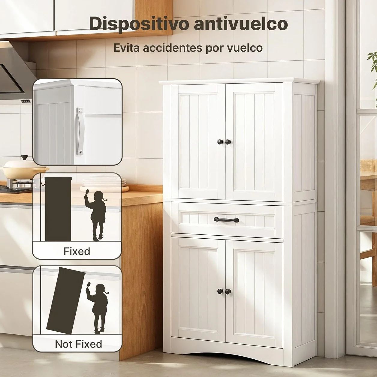Xbro Mueble de Baño Alto con 2 Puertas y 1 Cajón, Armario Auxiliar con Baldas Ajustables, para Baño, Cocina, Salón o Despacho, 73 x 31 x 132 cm, Blanco