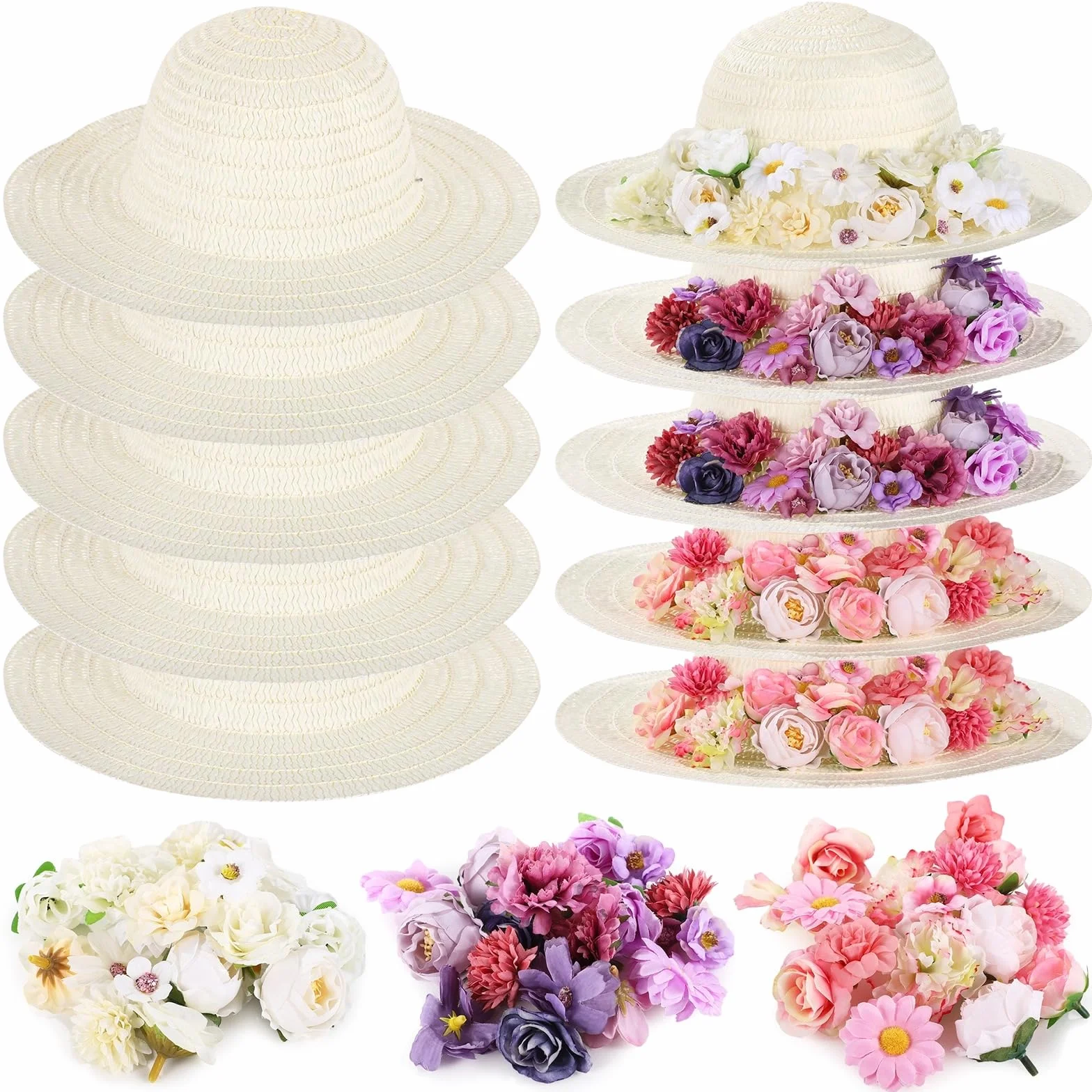 Kit de 70 sombreros de paja para bricolaje, 10 sombreros de paja y 60 flores sintéticas surtidas, sombreros en blanco pintables para fiestas de té, camping, picnics, viajes a la playa y